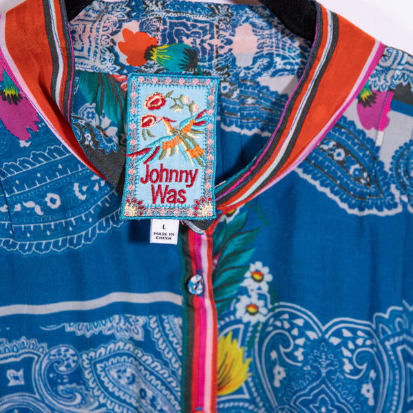 Johnny Was Karla Bandana Patchwork Print Pattern Chiffon Collared Blouse Shirt L