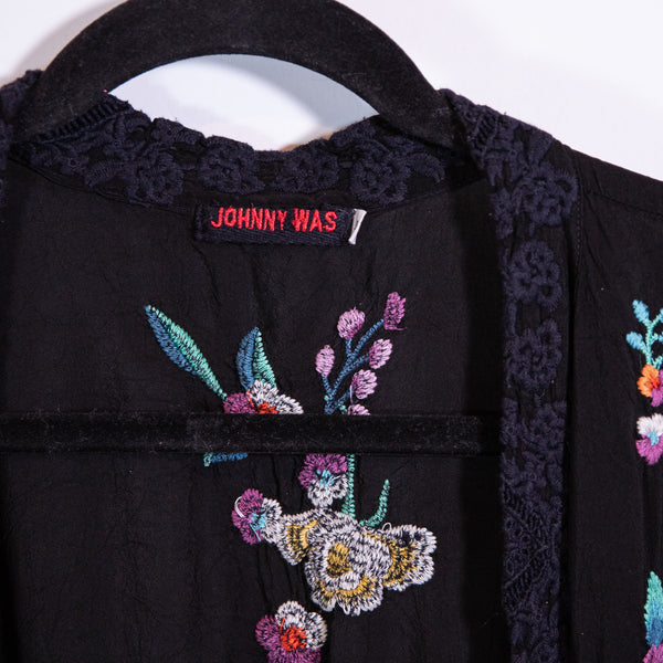 Johnny Was Calla Floral Flower Pattern Embroidered Open Front Kimono Cardigan L
