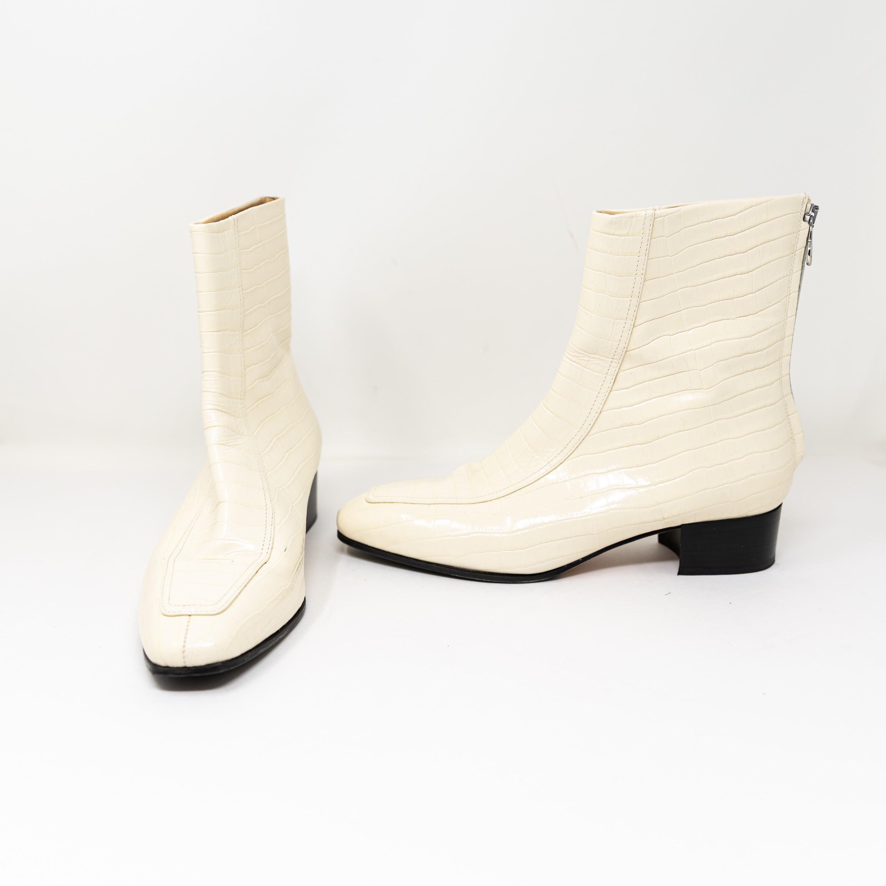 Aeyde Amelia 40 Crocodile Effect Embossed Leather Ankle Block Heel Booties Boots