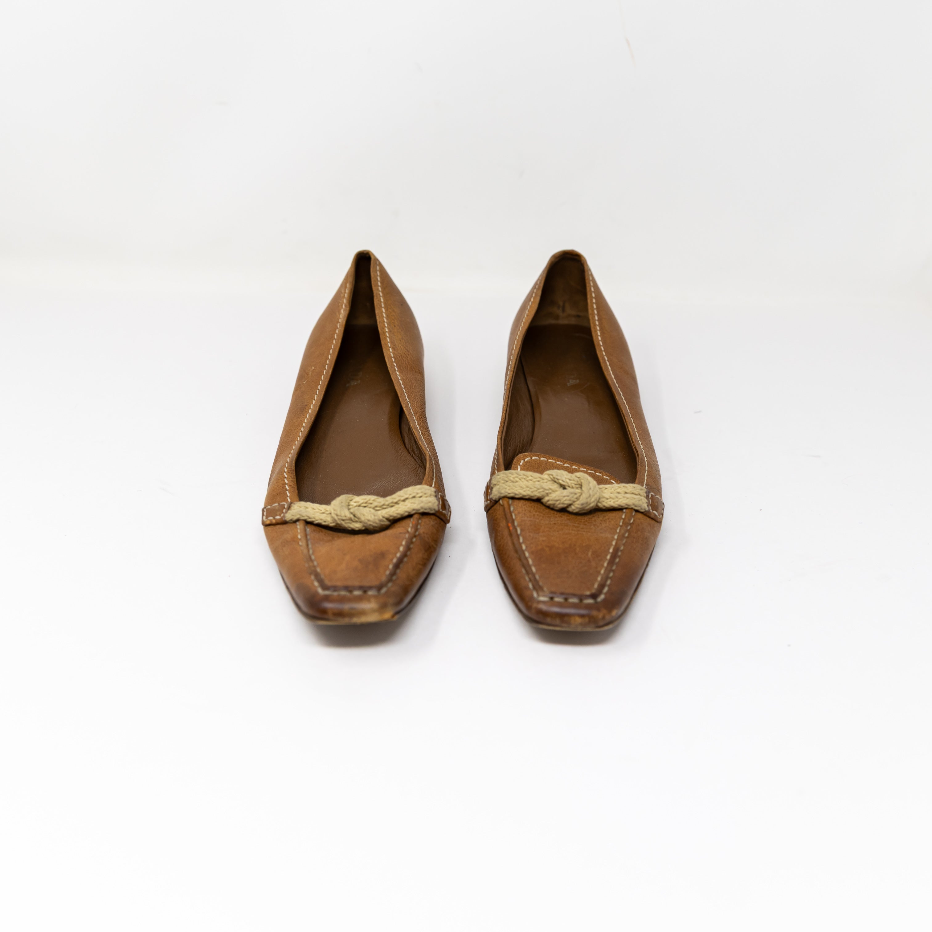 Prada Vintage Genuine Leather Made In Italy Rope Tie Slip On Flats Shoes Brown