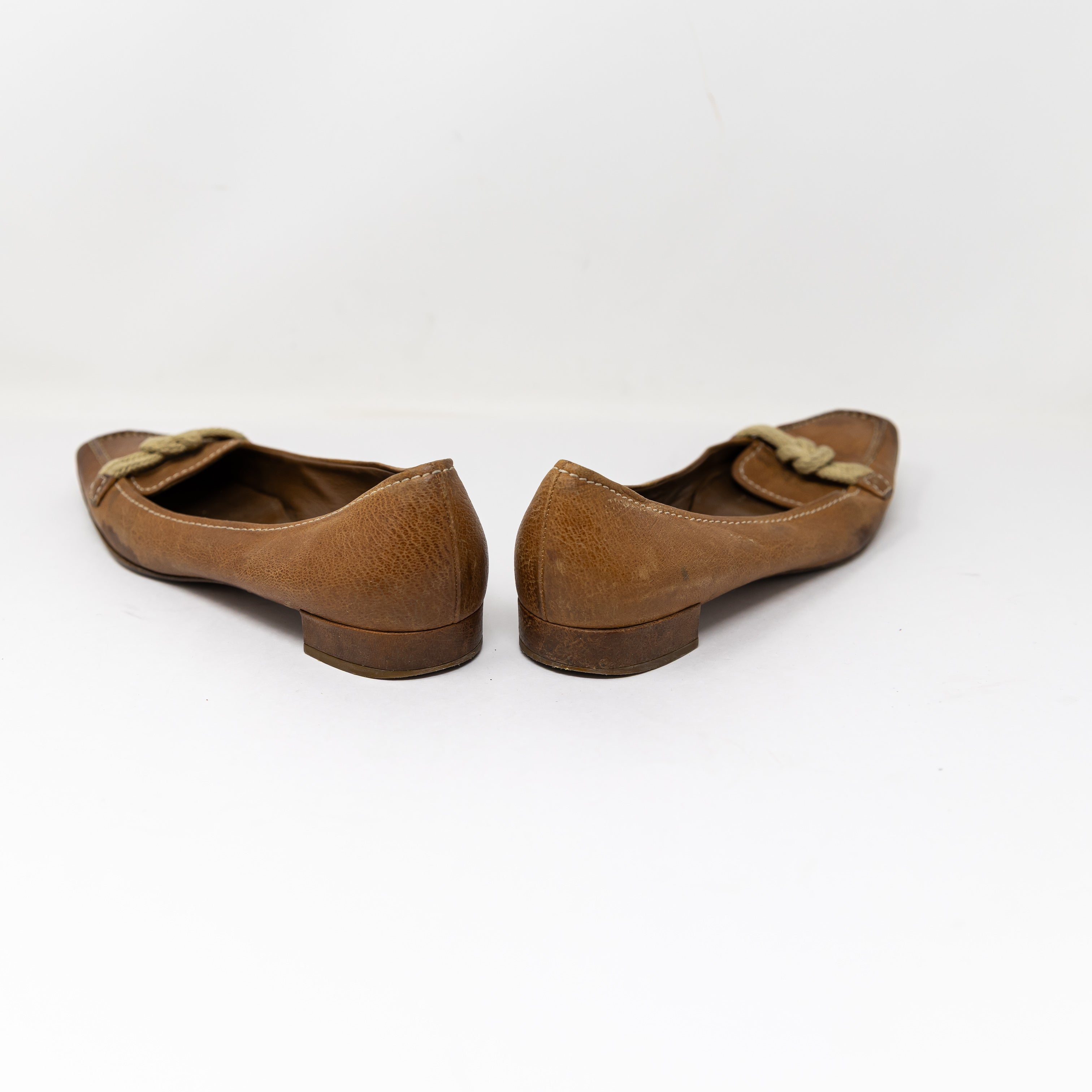 Prada Vintage Genuine Leather Made In Italy Rope Tie Slip On Flats Shoes Brown