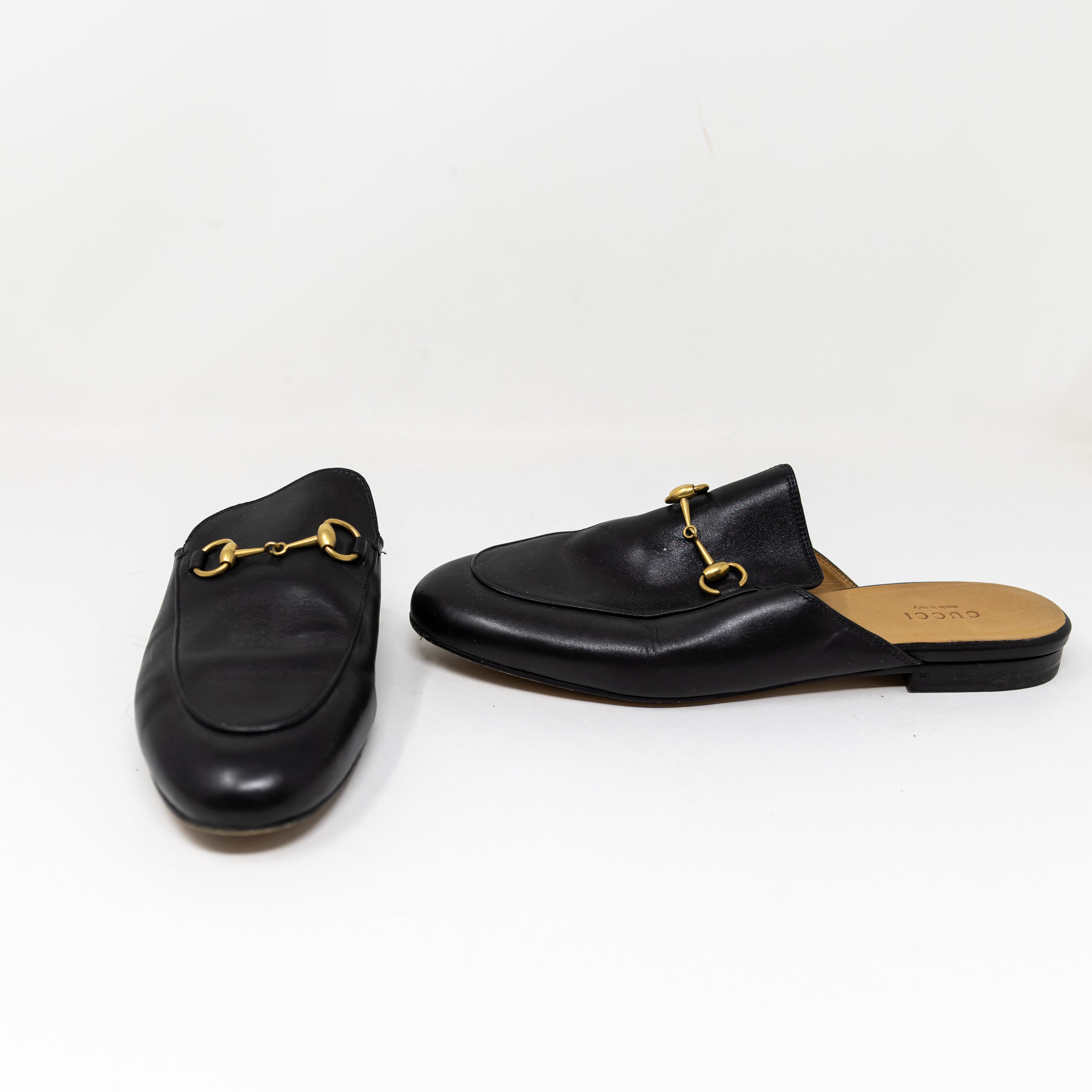 Gucci Women's Genuine Leather Horsebit Flat Slip On Loafers Shoes Black Gold 9