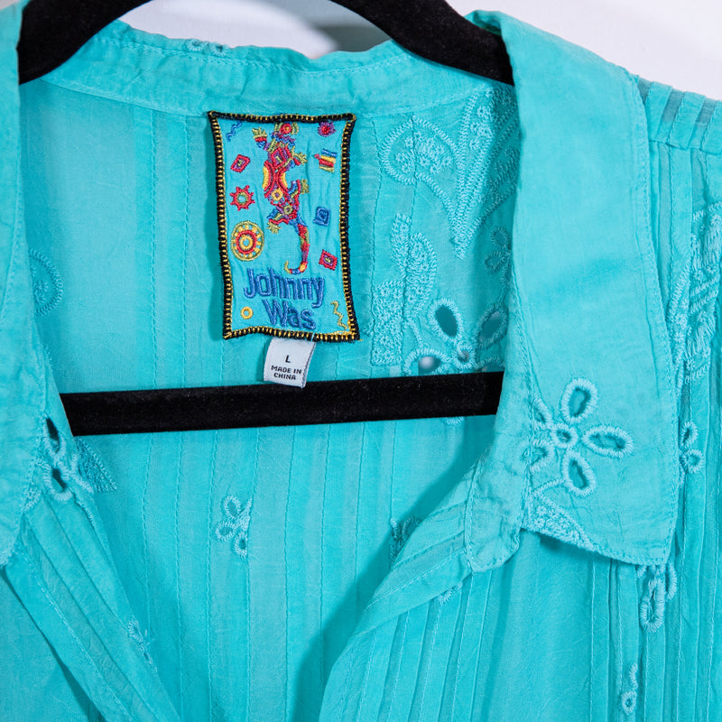 Johnny Was Lemmi Floral Flower Embroidered Eyelet Lightweight V Neck Blouse Blue