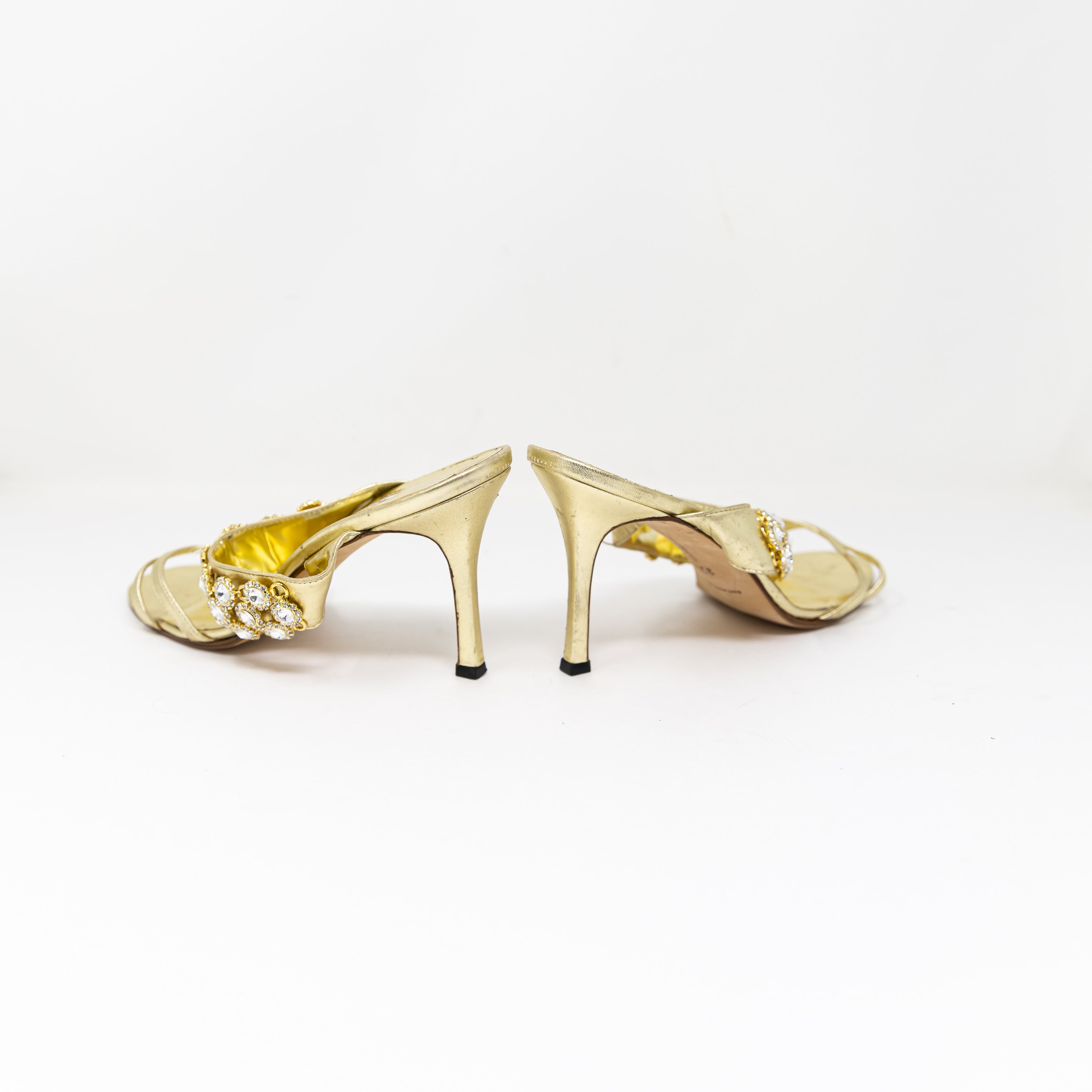 Manolo Blahnik Gold Metallic Genuine Leather Crystal Jewel Embellished High Heel