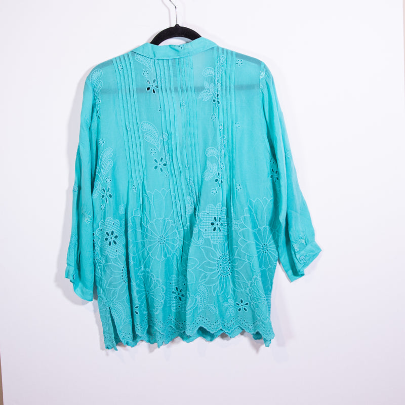 Johnny Was Lemmi Floral Flower Embroidered Eyelet Lightweight V Neck Blouse Blue