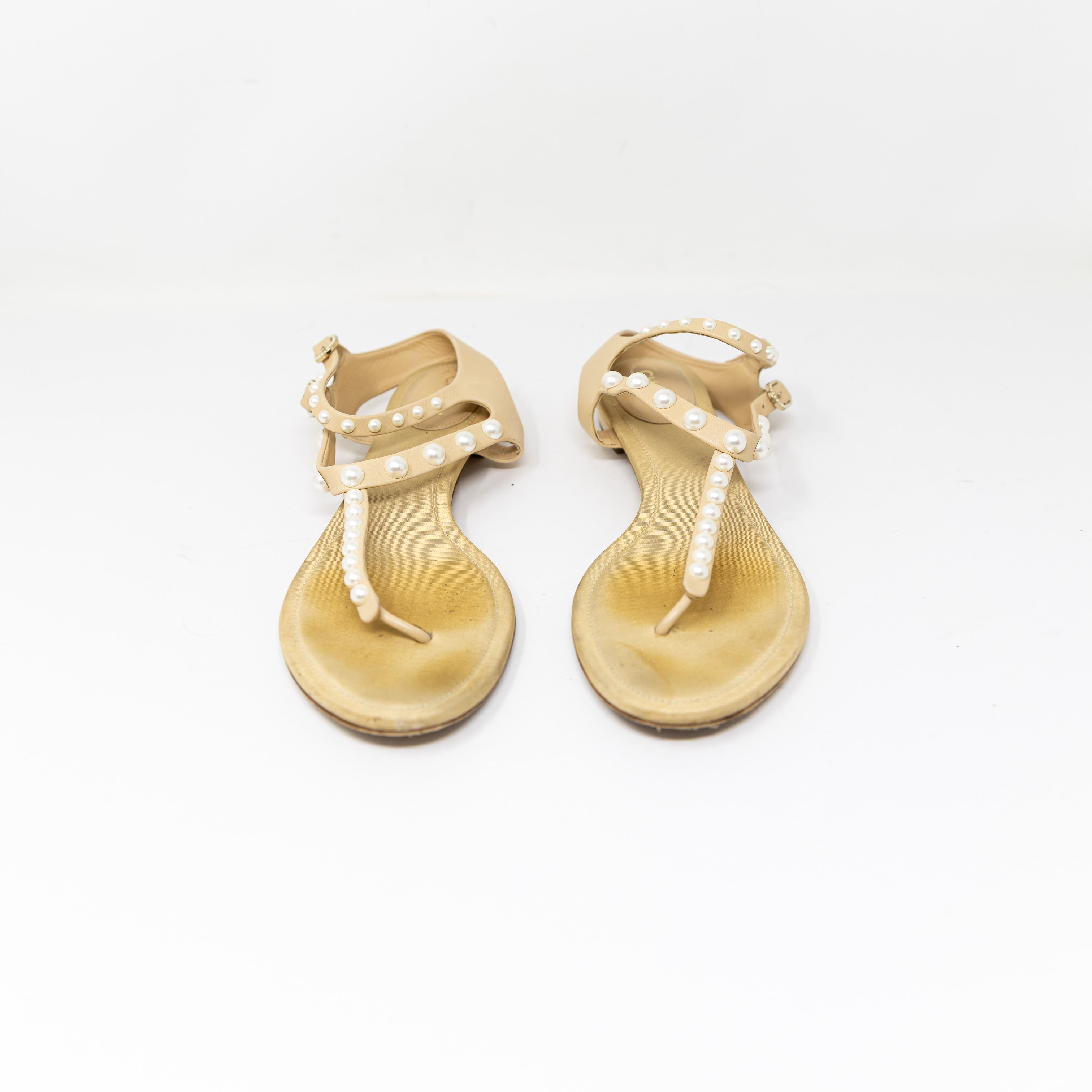 Chanel Genuine Leather Pearl Embellished Coco Mark Strappy Sandals Shoes Neutral
