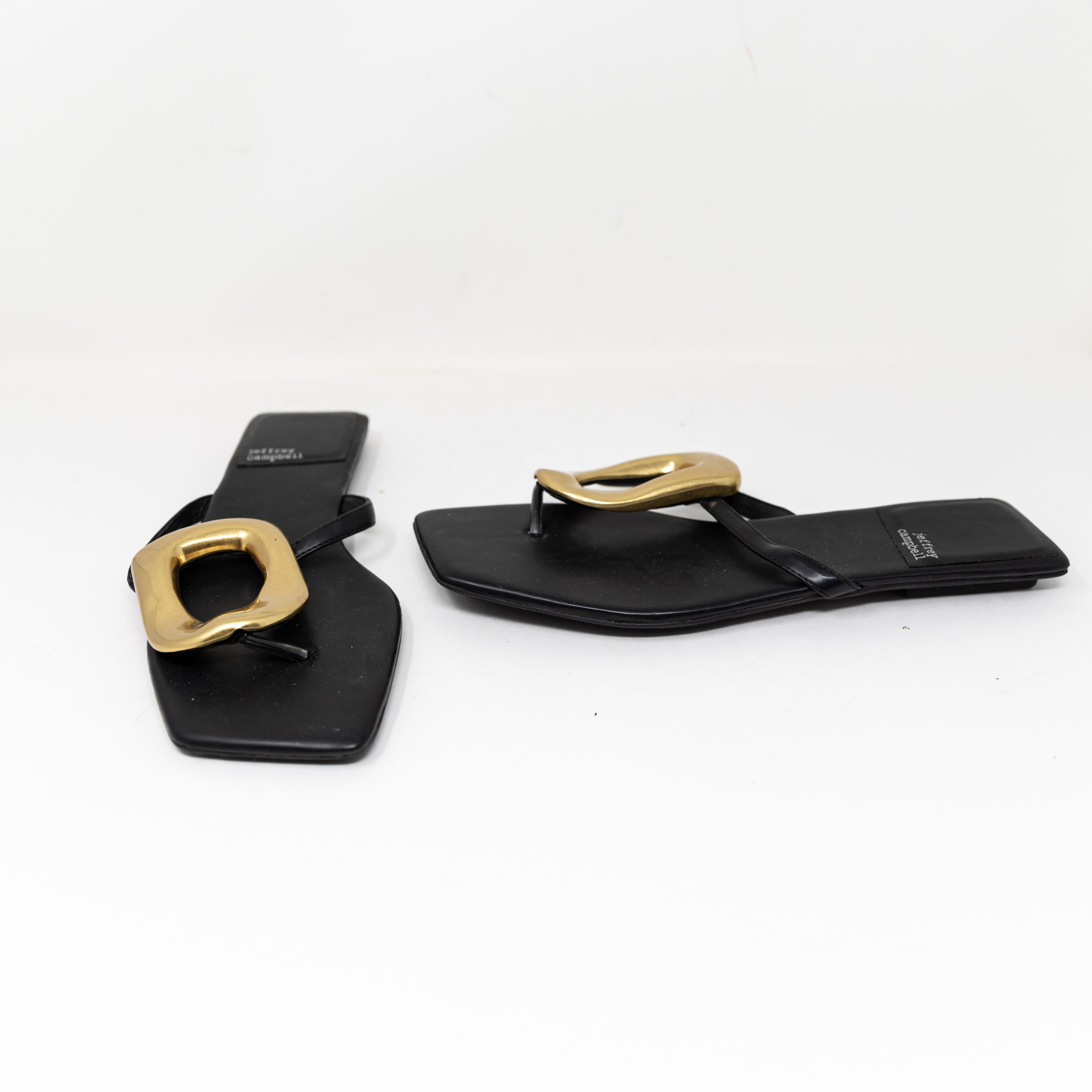 NEW Jeffrey Campbell Linques Genuine Leather Black Gold Flat Sandals Shoes 9