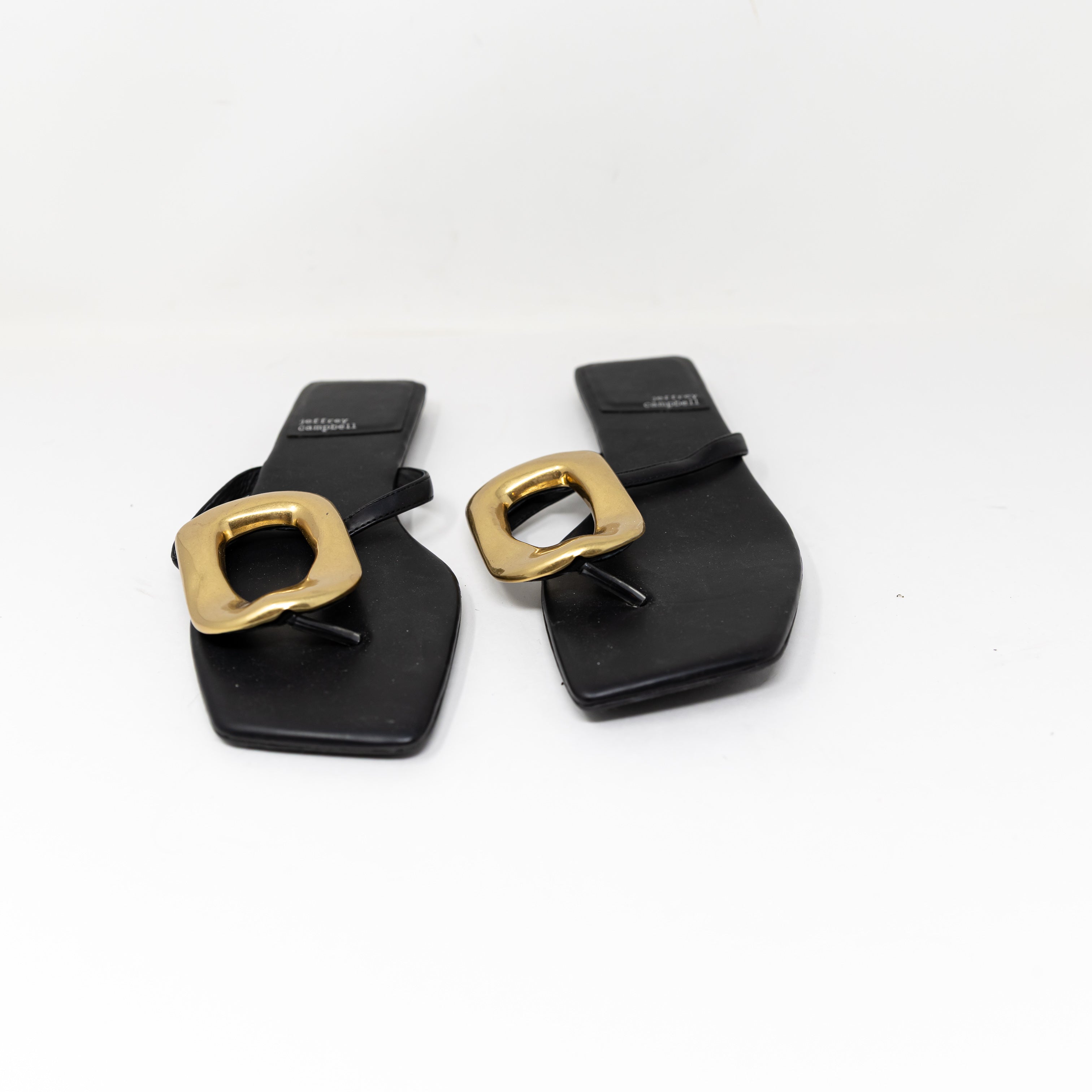 NEW Jeffrey Campbell Linques Genuine Leather Black Gold Flat Sandals Shoes 9