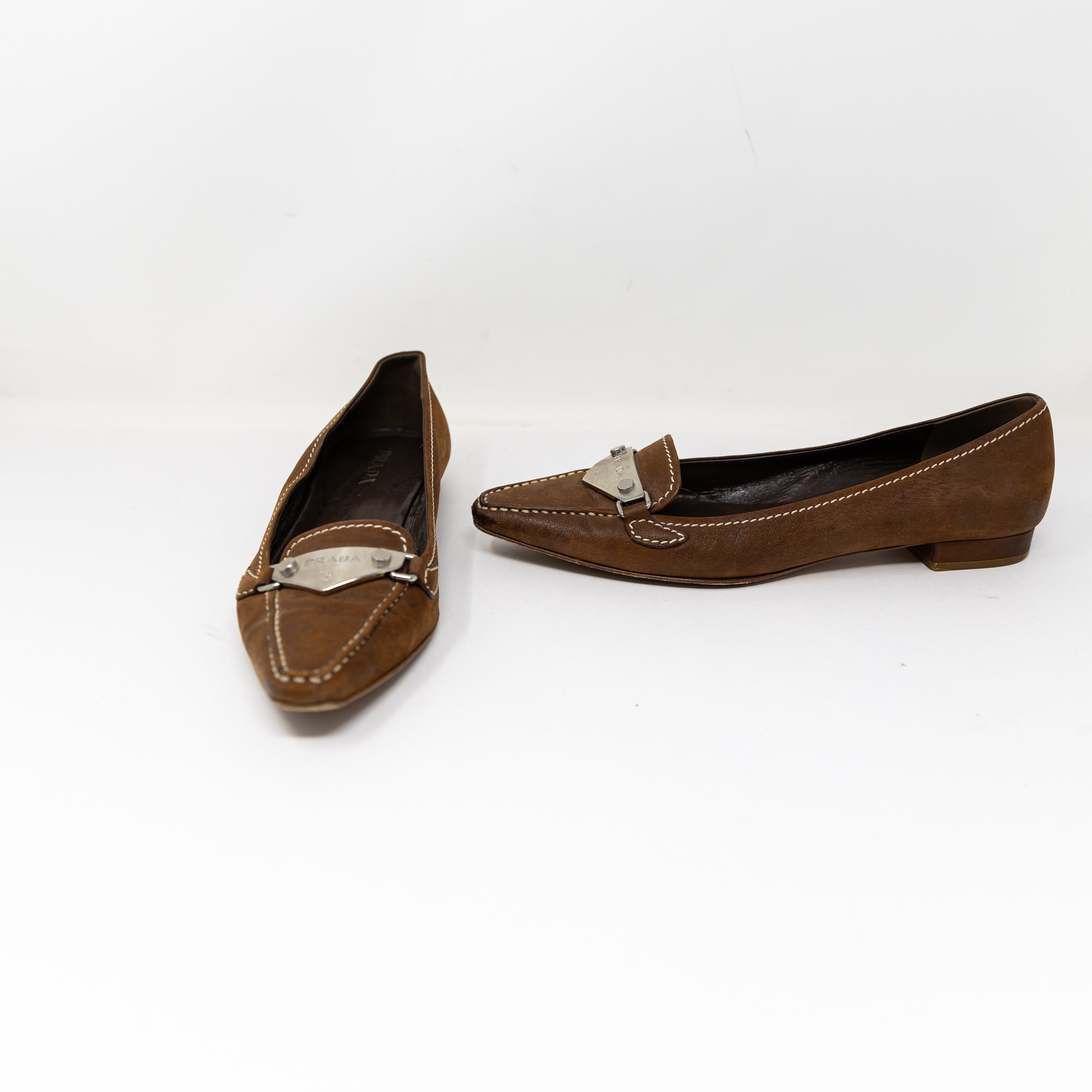 Prada Made In Italy Genuine Leather Pointed Toe Logo Buckle Slip On Flats Shoes