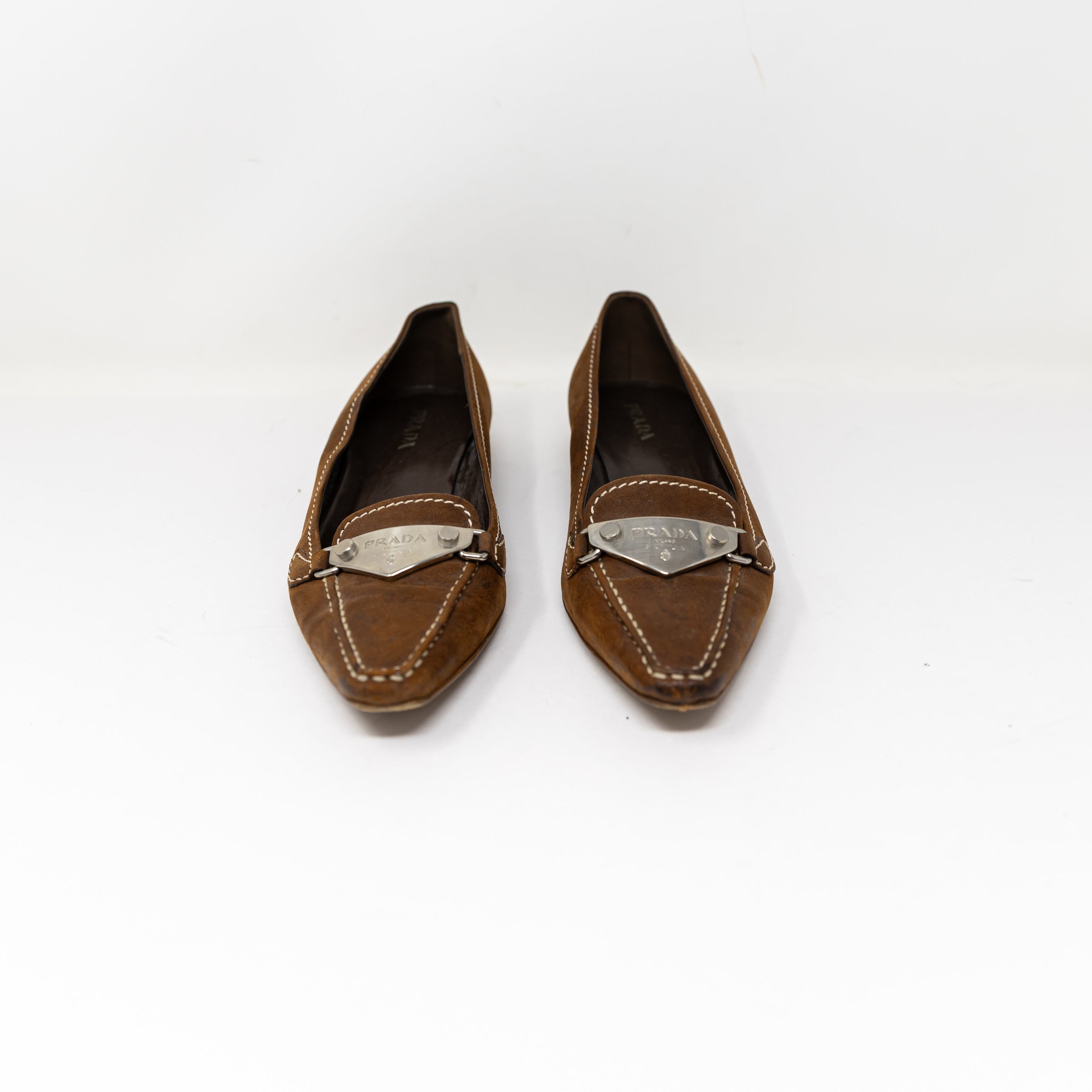 Prada Made In Italy Genuine Leather Pointed Toe Logo Buckle Slip On Flats Shoes