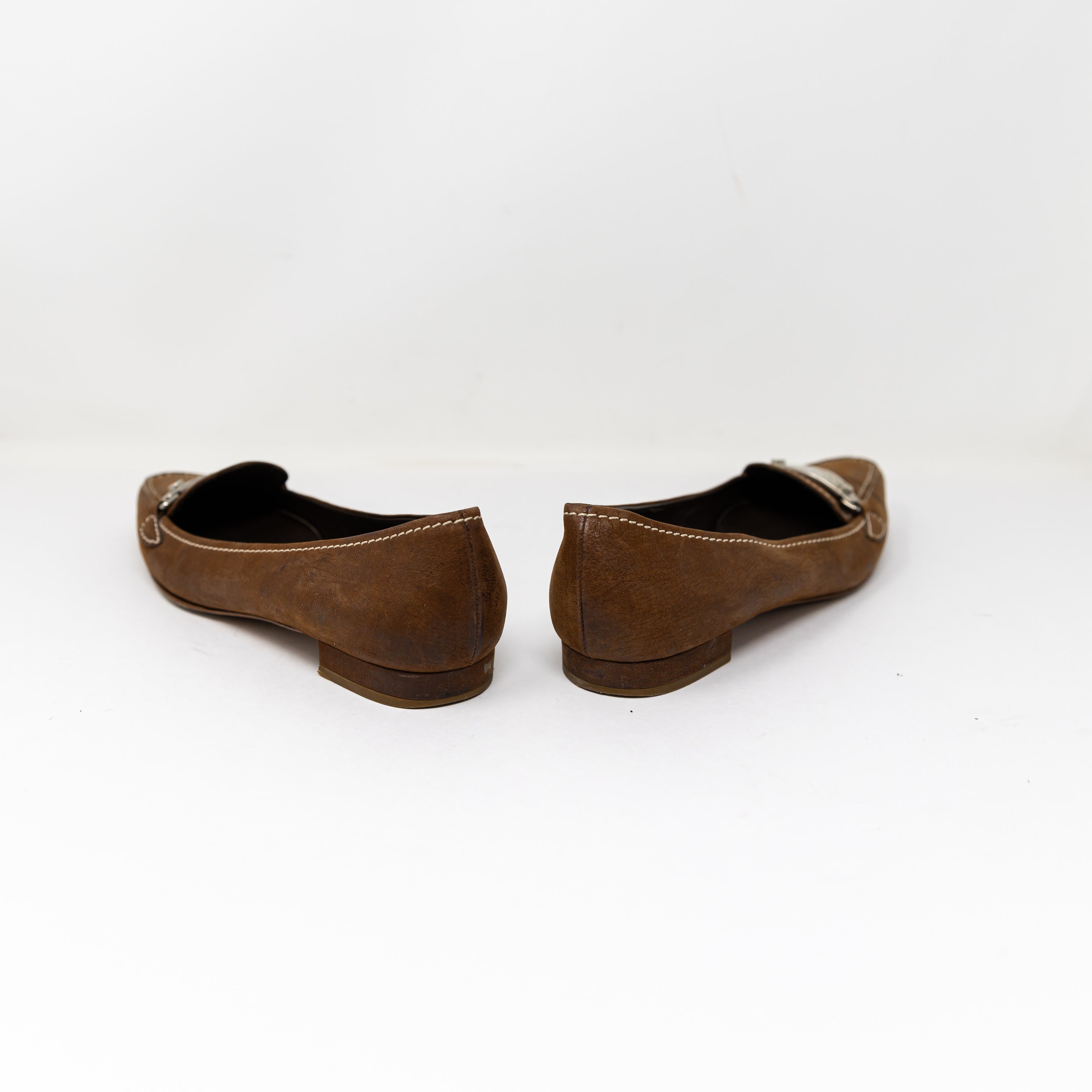 Prada Made In Italy Genuine Leather Pointed Toe Logo Buckle Slip On Flats Shoes