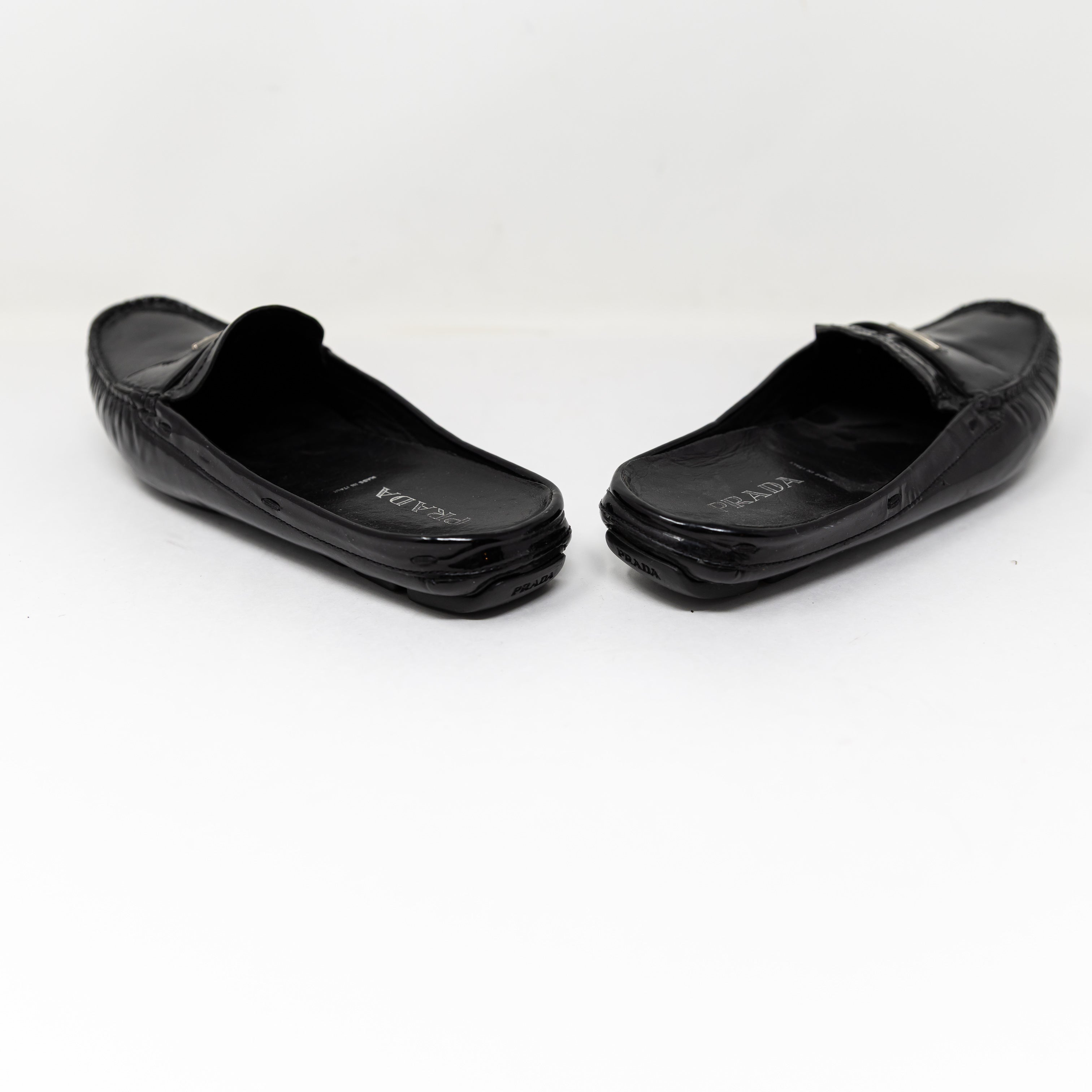 Prada Women's Made In Italy Genuine Patent Leather Backless Slip On Flats Shoes