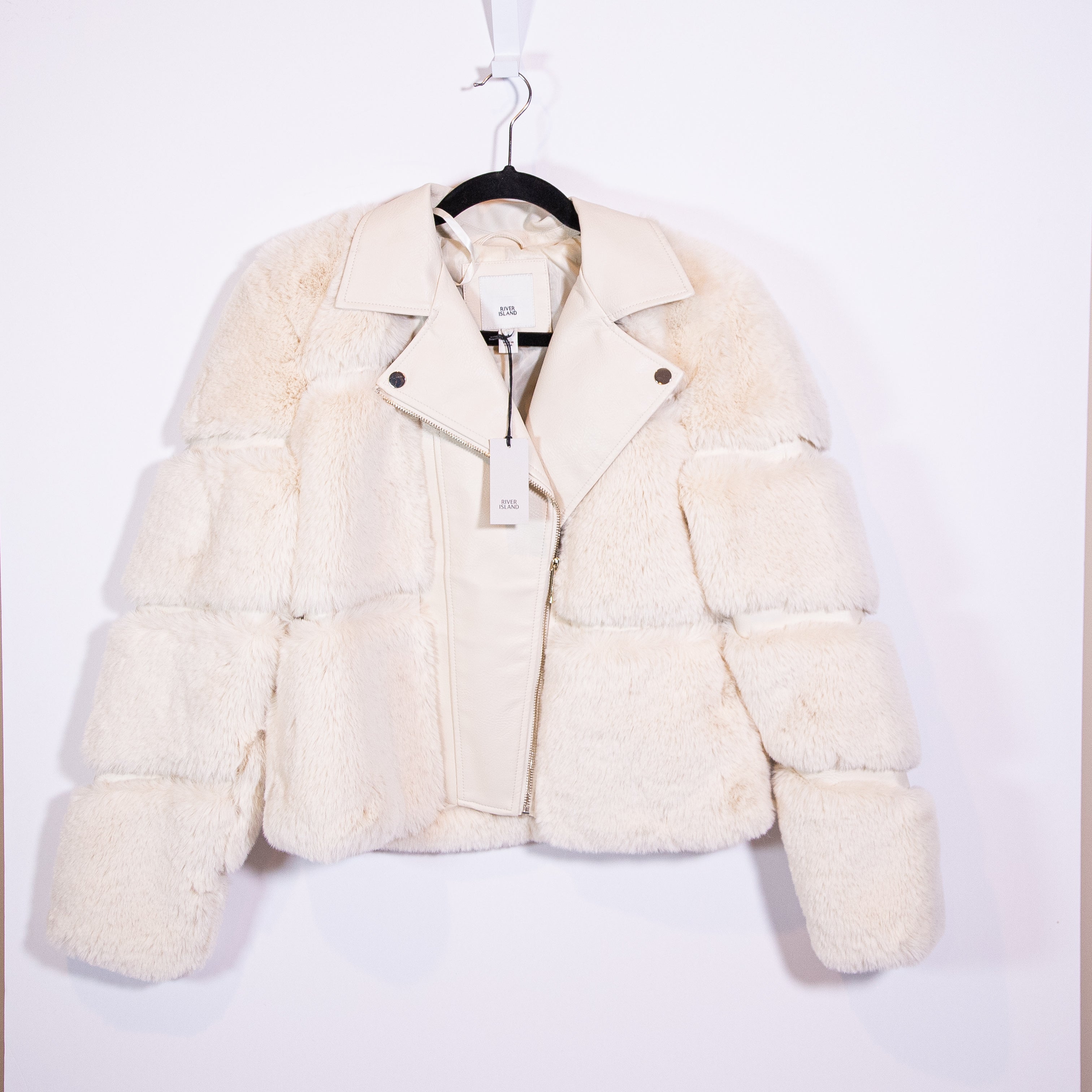 NEW River Island Faux Vegan Fur Leather Panel Comfort Layer Puffer Jacket Stone