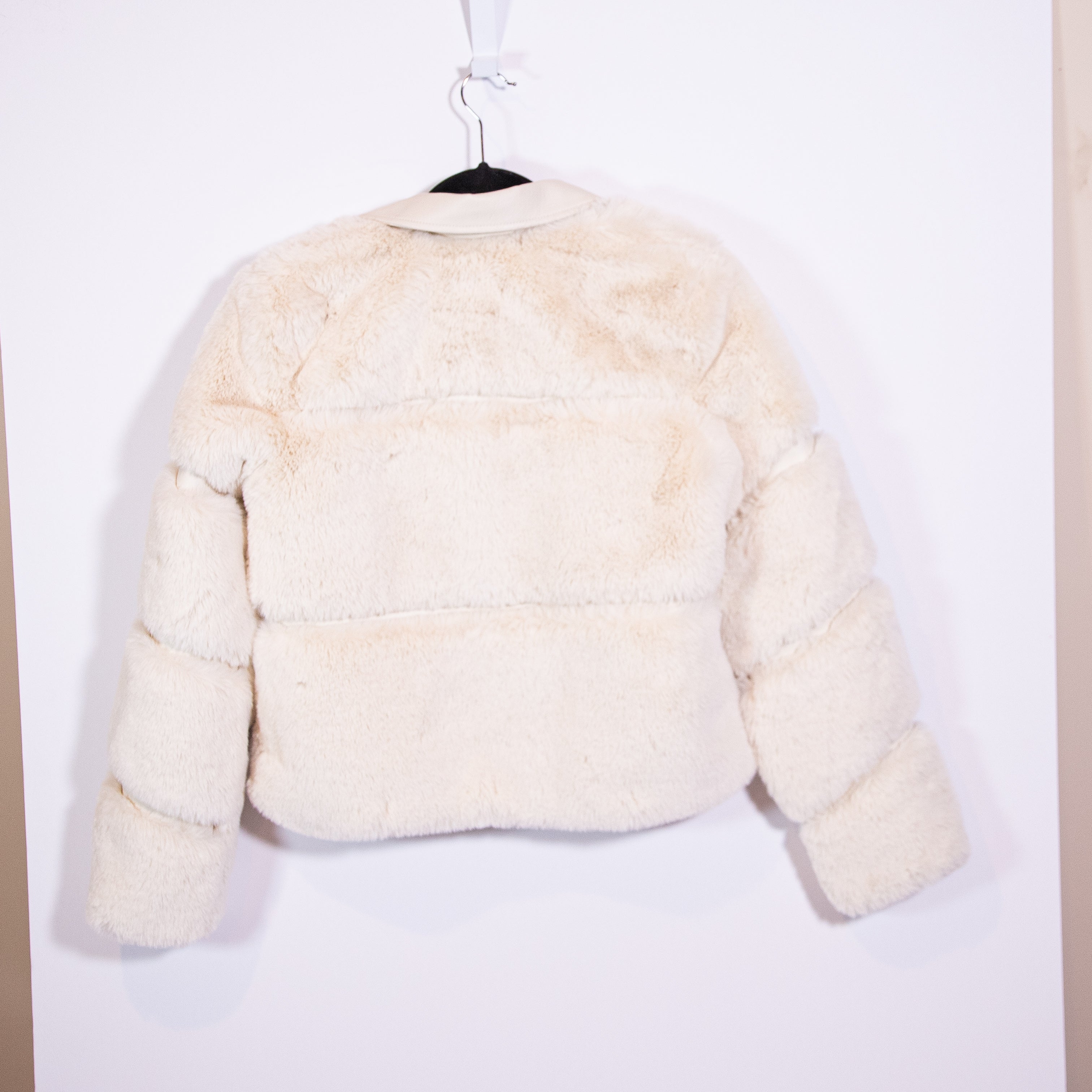 NEW River Island Faux Vegan Fur Leather Panel Comfort Layer Puffer Jacket Stone