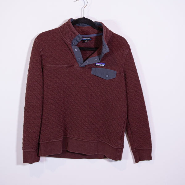 Patagonia Women's Organic Cotton Quilt Snap T V Neck Pullover Sweater Burgundy
