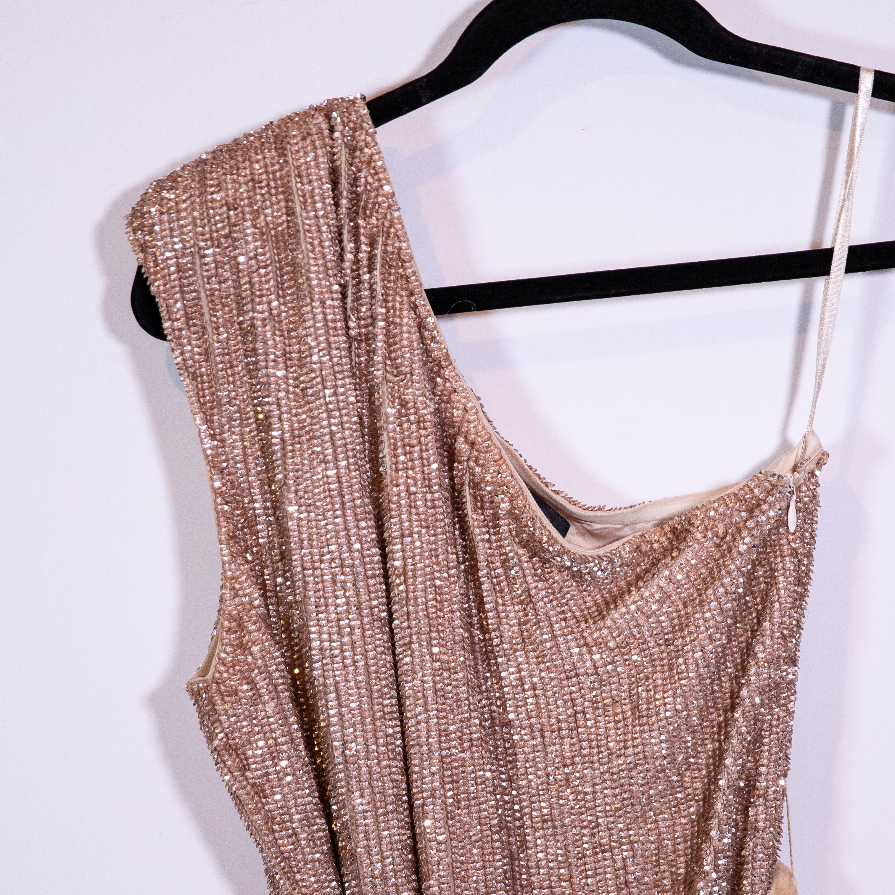 Retrofete Ella Beaded Sequin Sparkle Embellished One Shoulder Mini Dress Bronze