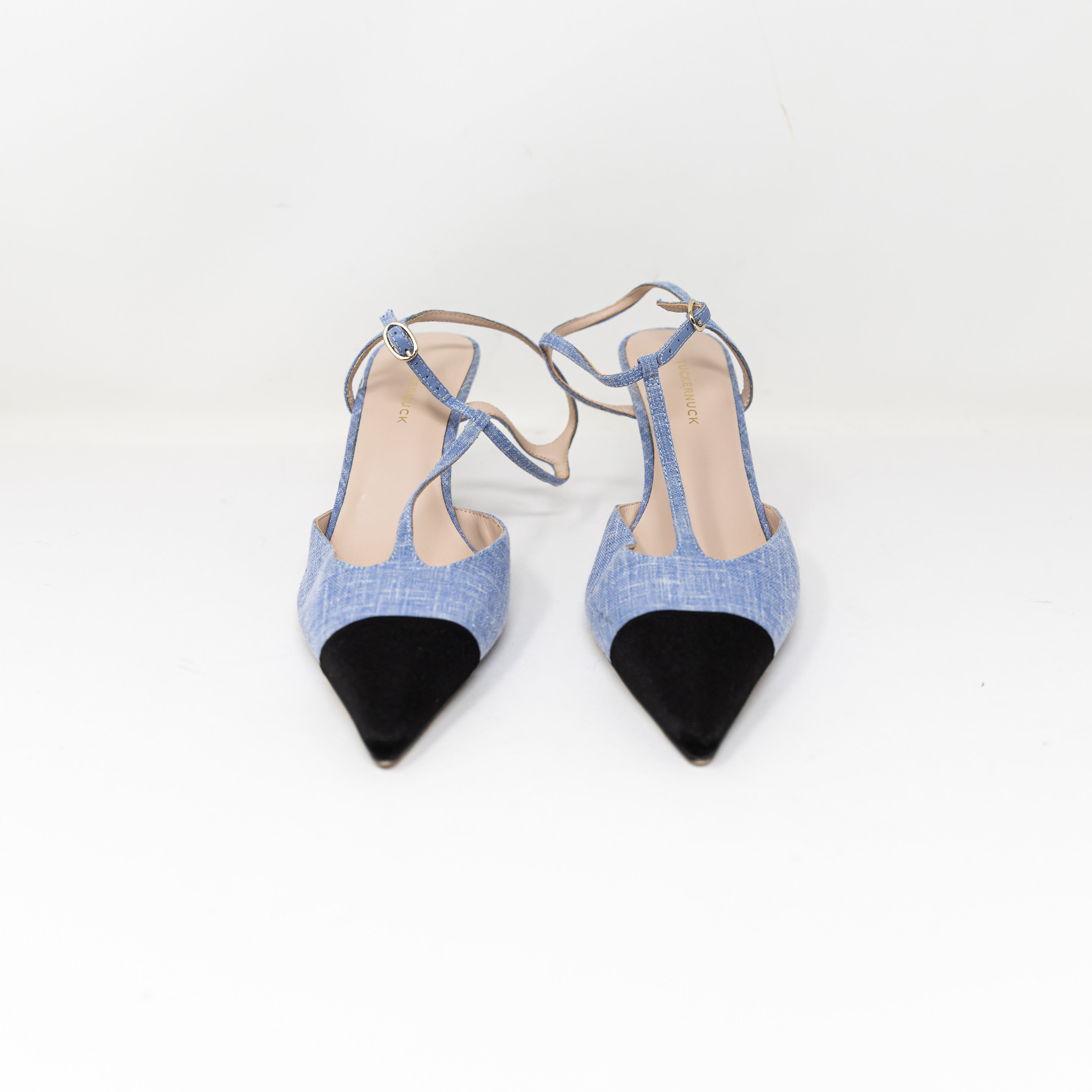 Tuckernuck Margot Grosgrain Cap Pointed Toe T Strap Heels Shoes Blue Denim 9