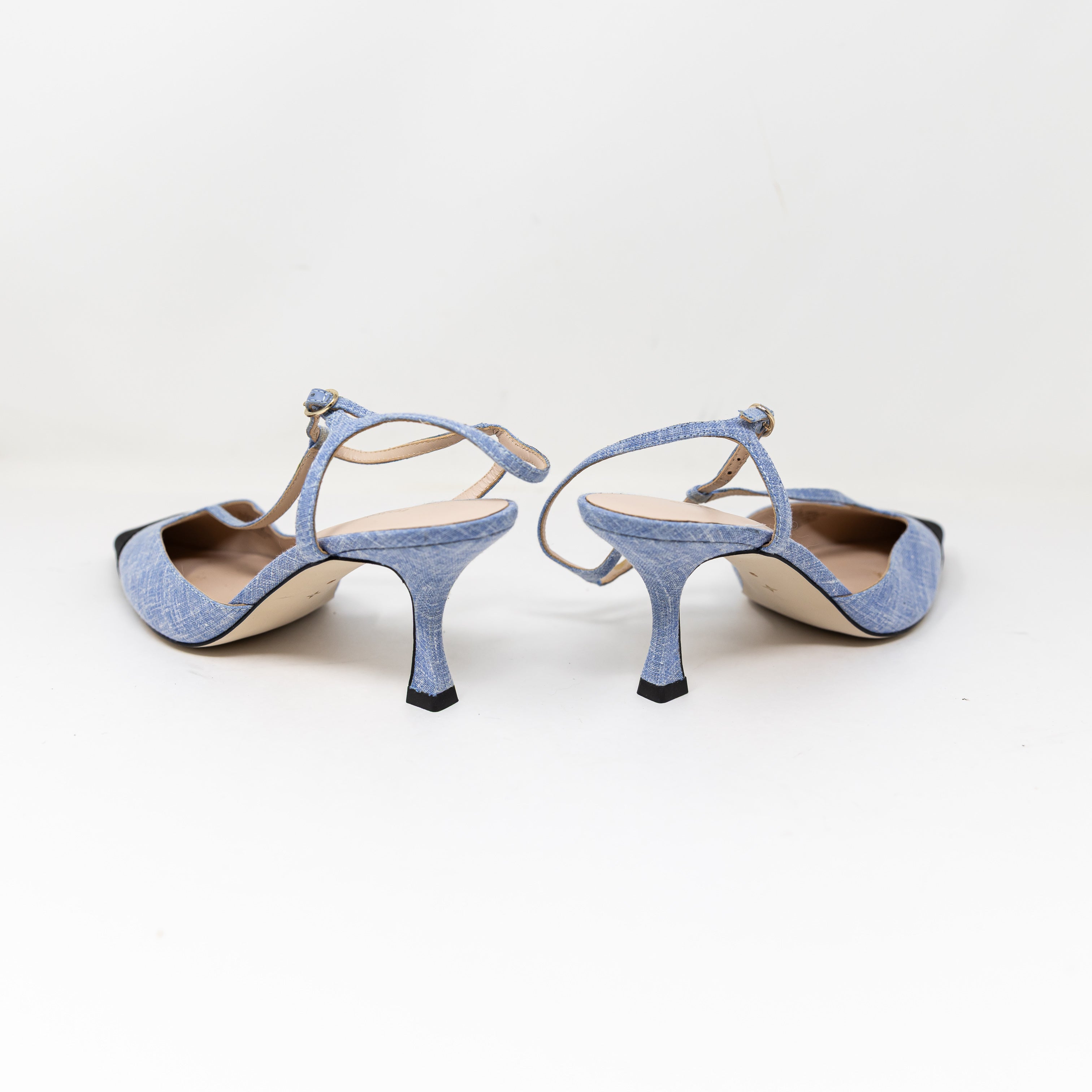Tuckernuck Margot Grosgrain Cap Pointed Toe T Strap Heels Shoes Blue Denim 9