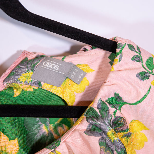 ASOS Organza Bardot Yellow Pink Floral Flower Print Pattern Mini Dress 4