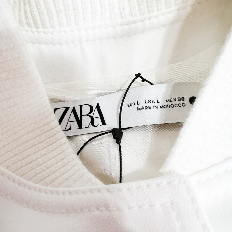 Zara Crepe Snap Button Mock Neck Multi Pocket Cropped Varsity Jacket White Large