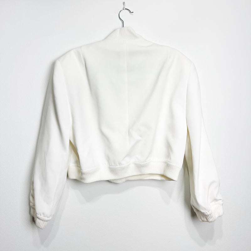 Zara Crepe Snap Button Mock Neck Multi Pocket Cropped Varsity Jacket White Large