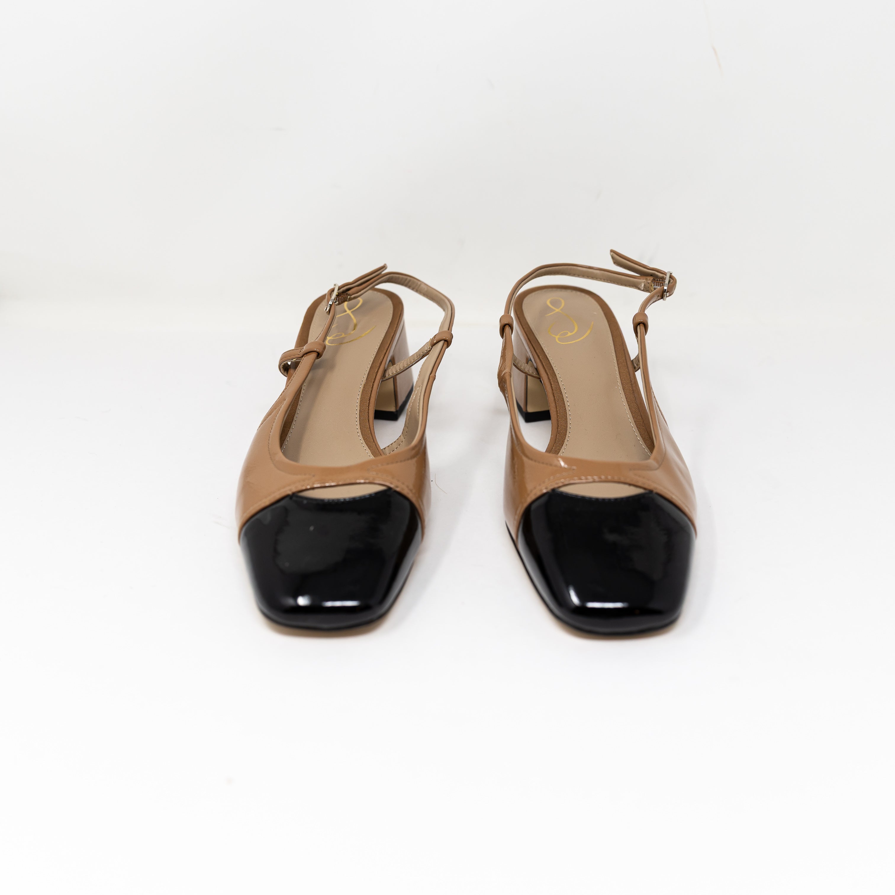 NEW Sam Edelman Tarra Patent Leather Slingback Block Heel Square Toe Shoes Camel