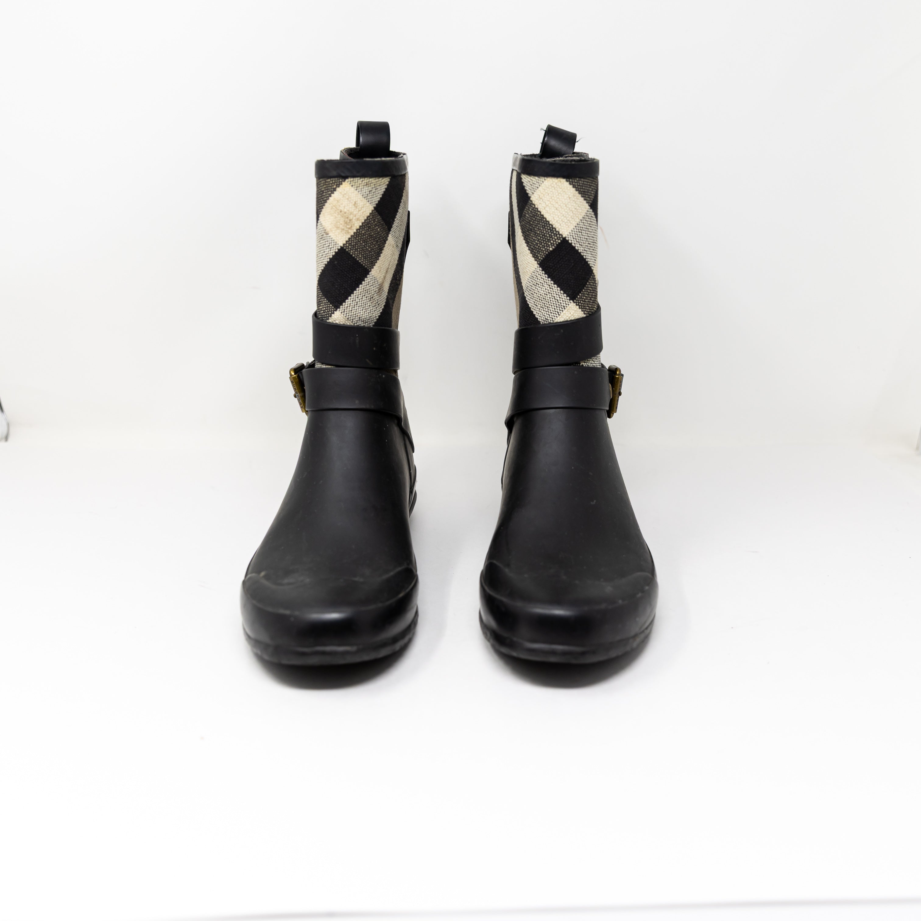 Burberry Women's Holloway Rubber Nova Check Print Canvas Ankle Rain Boots Shoes