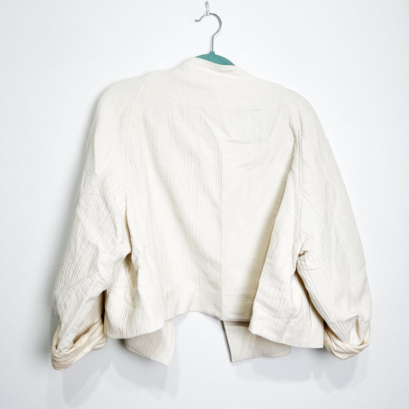 Missing You Already Off White High Neck Draped Overcoat Jacket Textured Cotton