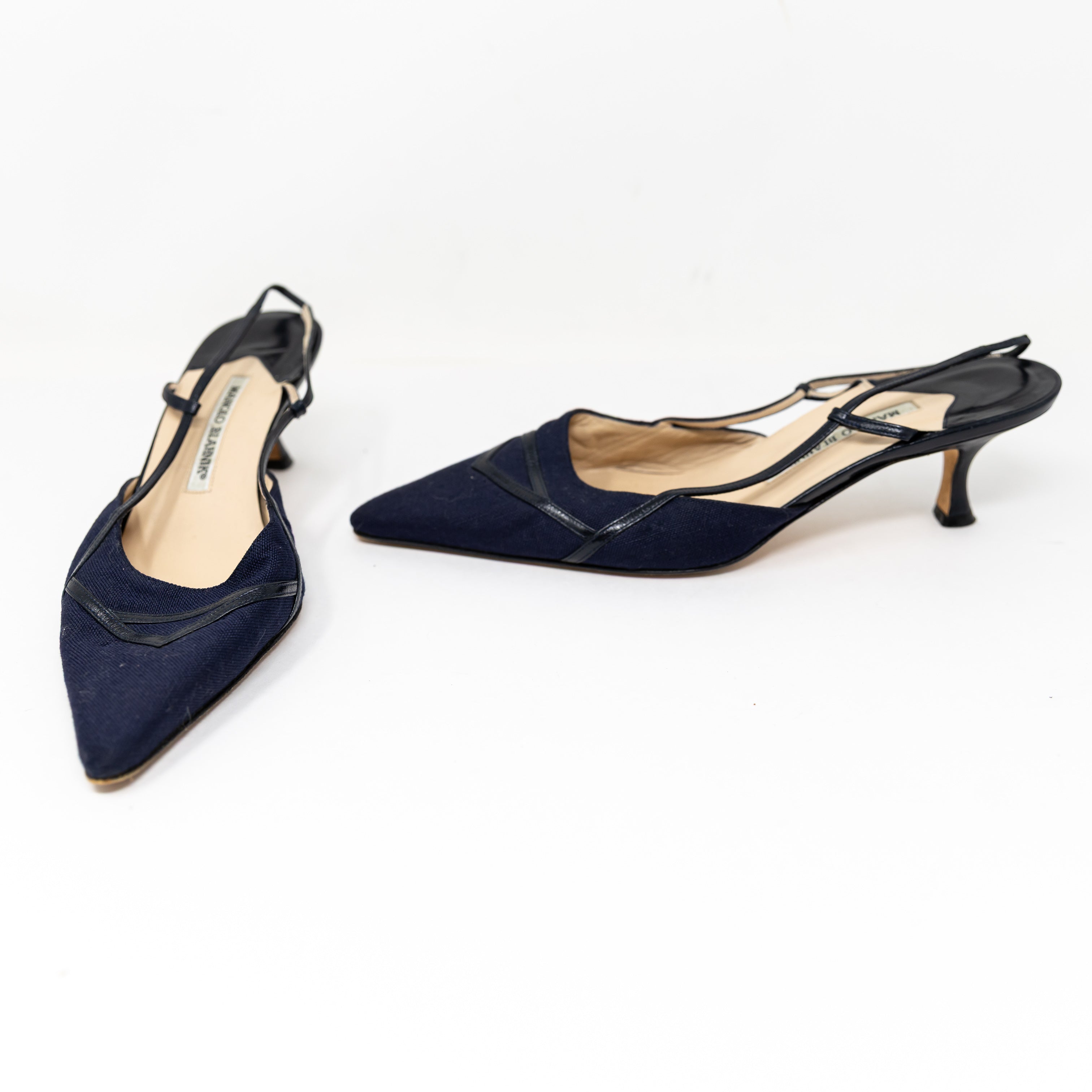 Manolo Blahnik Woven Canvas Genuine Leather Pointed Toe Slingback Pumps Heels