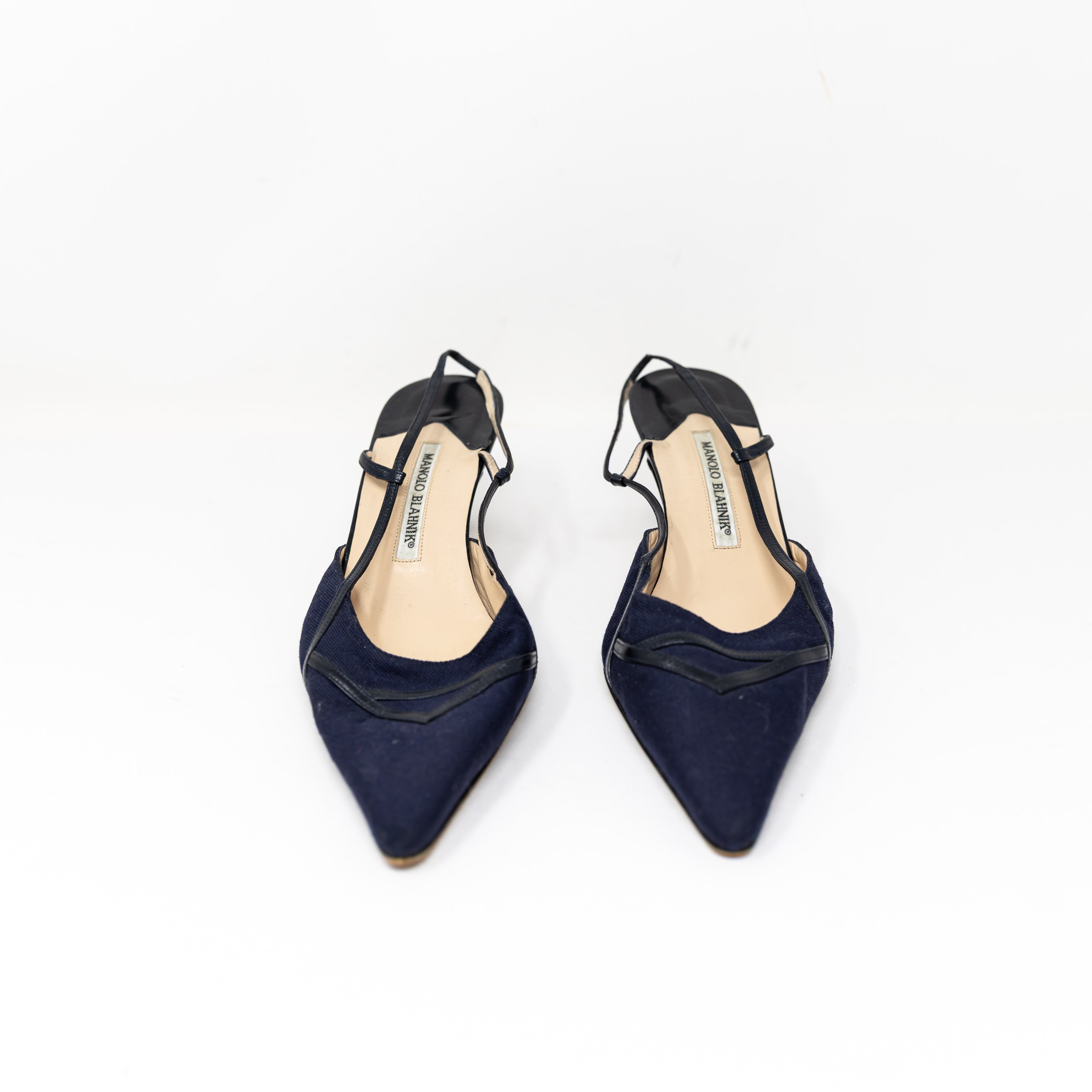 Manolo Blahnik Woven Canvas Genuine Leather Pointed Toe Slingback Pumps Heels