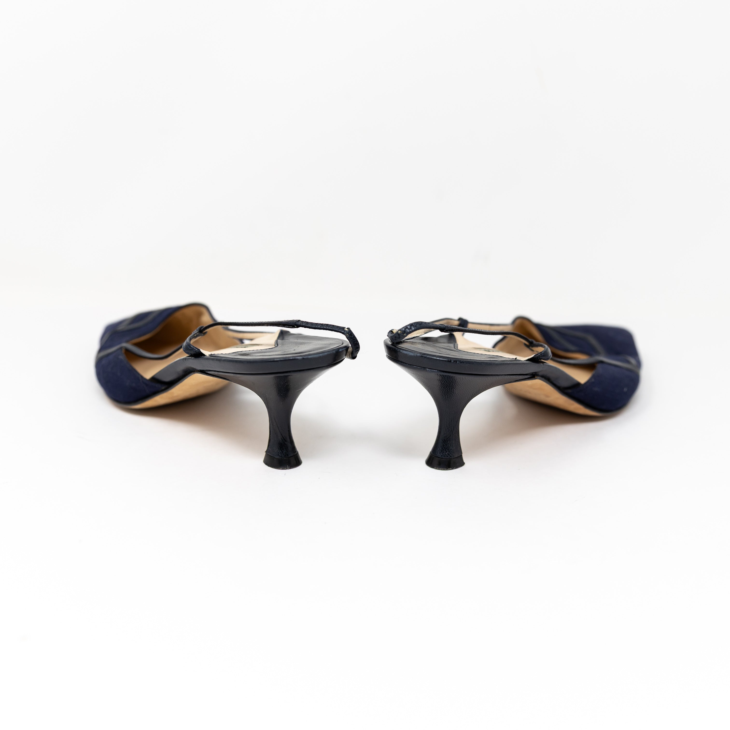 Manolo Blahnik Woven Canvas Genuine Leather Pointed Toe Slingback Pumps Heels
