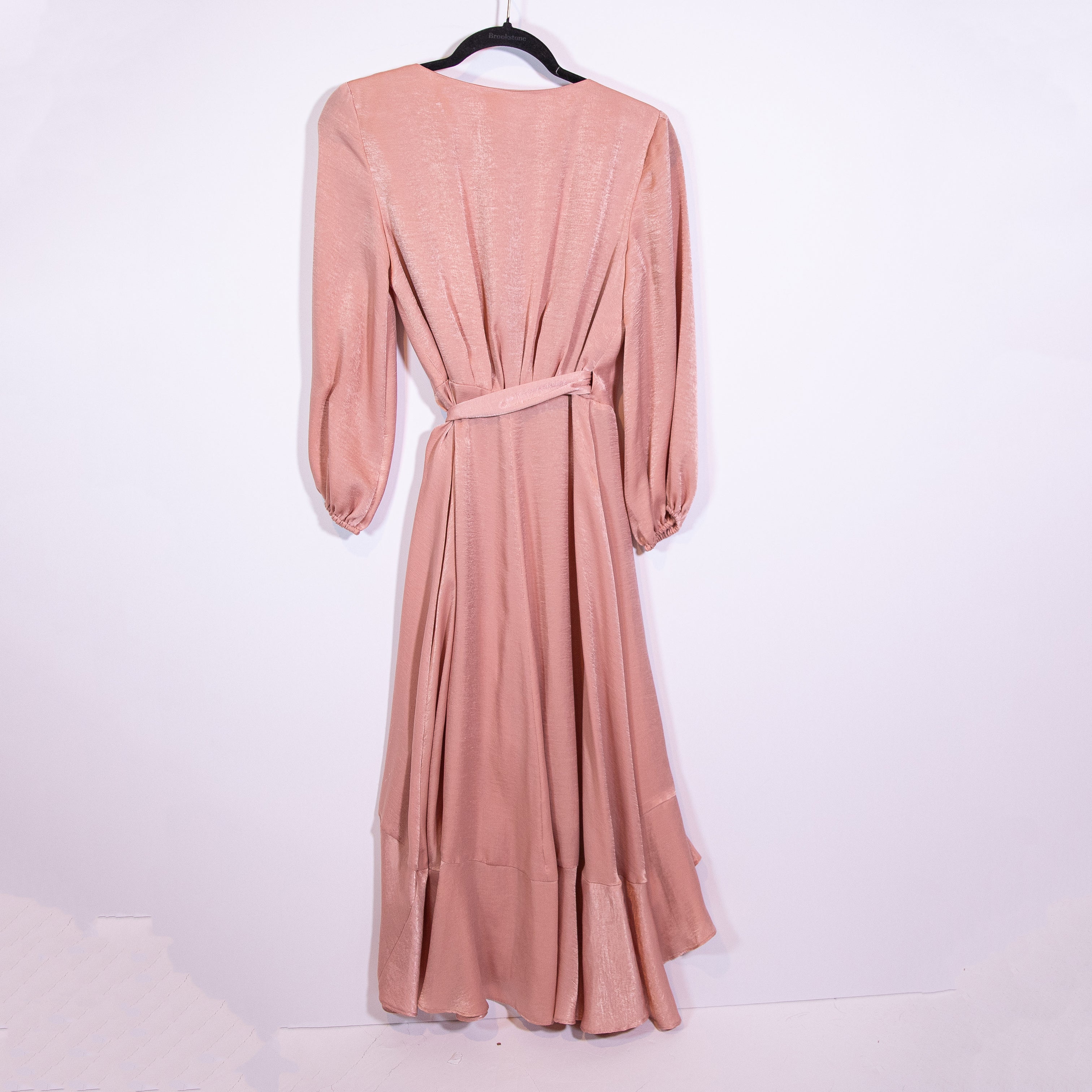 Gal Meets Glam Jennifer Satin Sheen Flirty Ruffle Wrap Midi Dress Pink 2