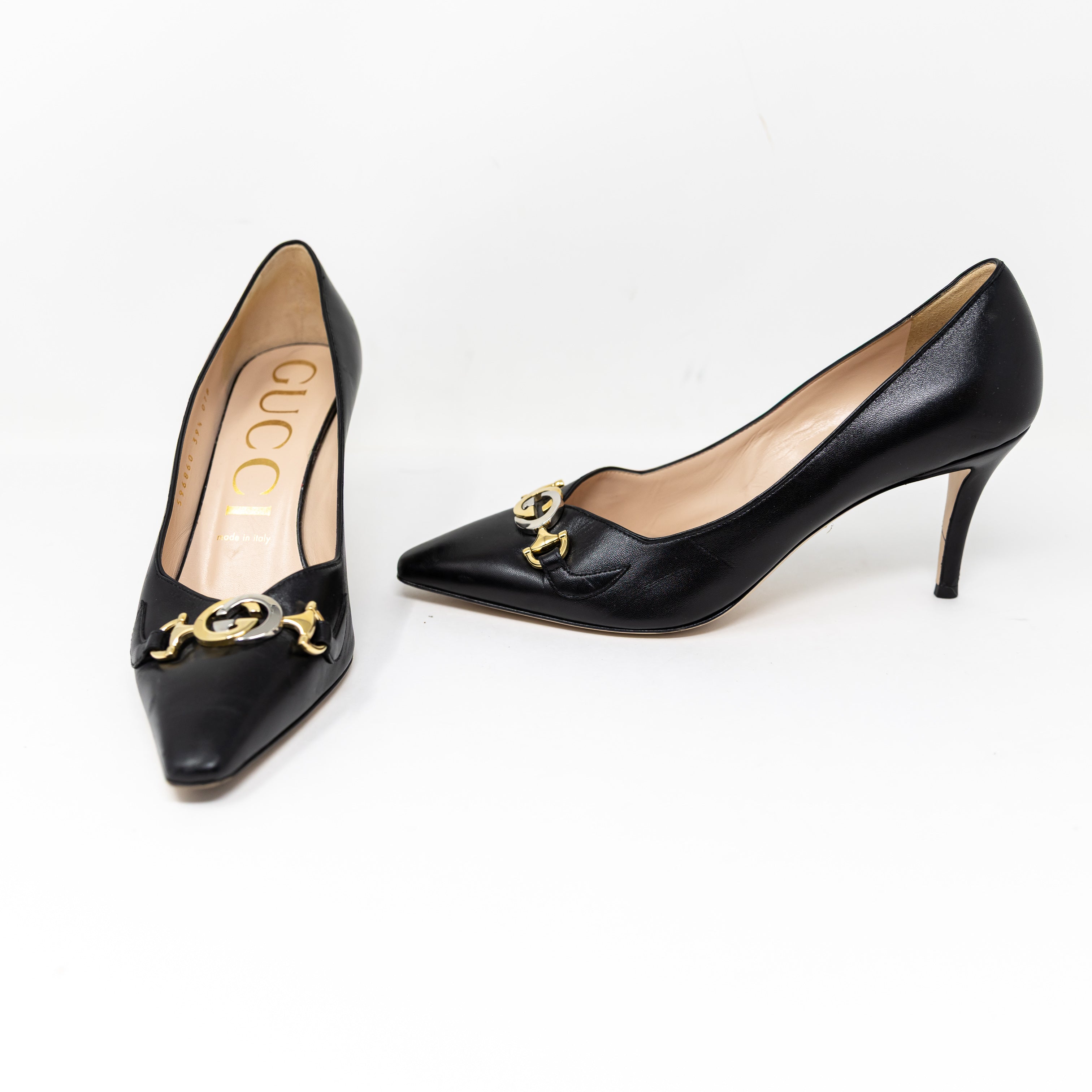 Gucci Made In Italy Genuine Leather Gold Silver Logo Hardware Pumps Heels Shoes
