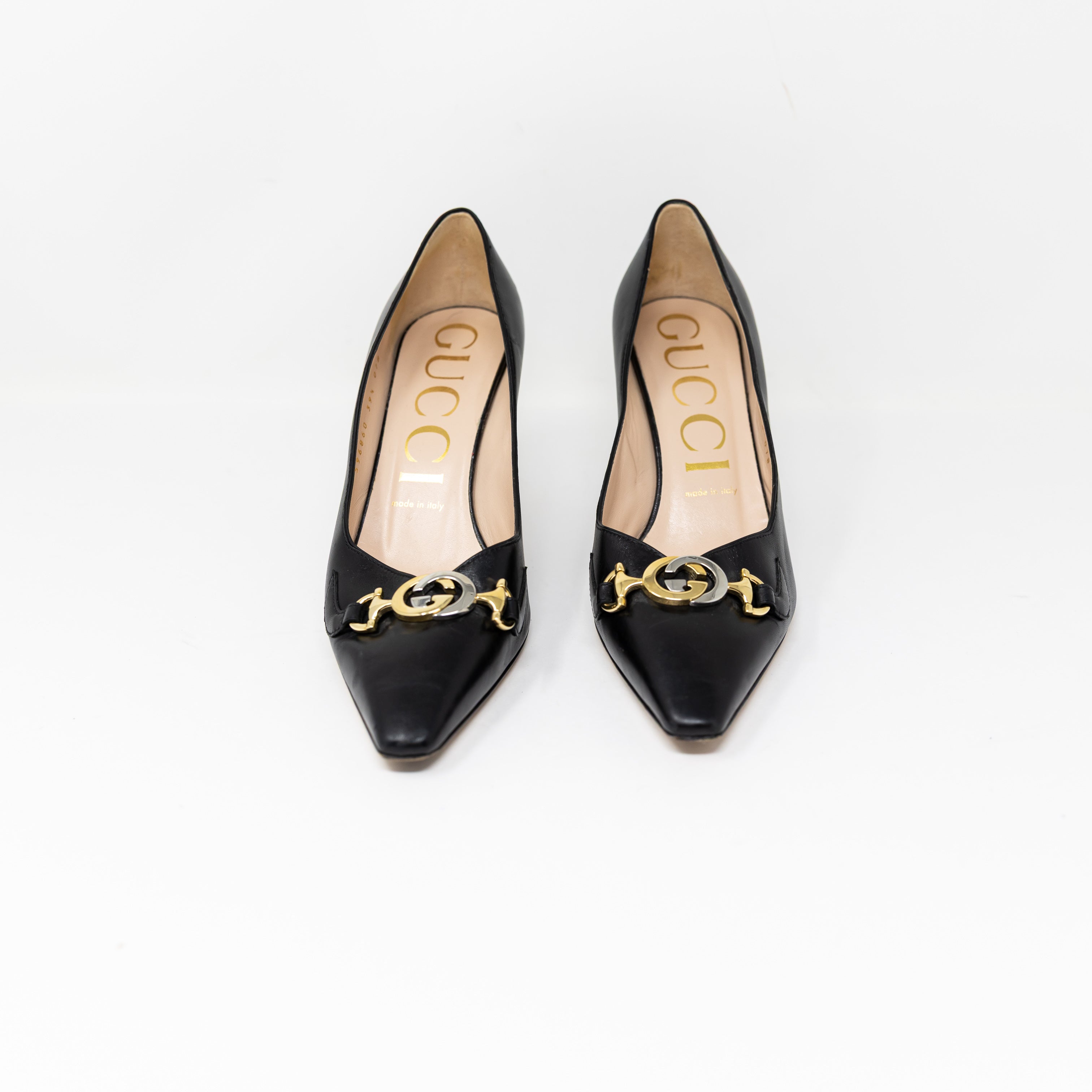Gucci Made In Italy Genuine Leather Gold Silver Logo Hardware Pumps Heels Shoes