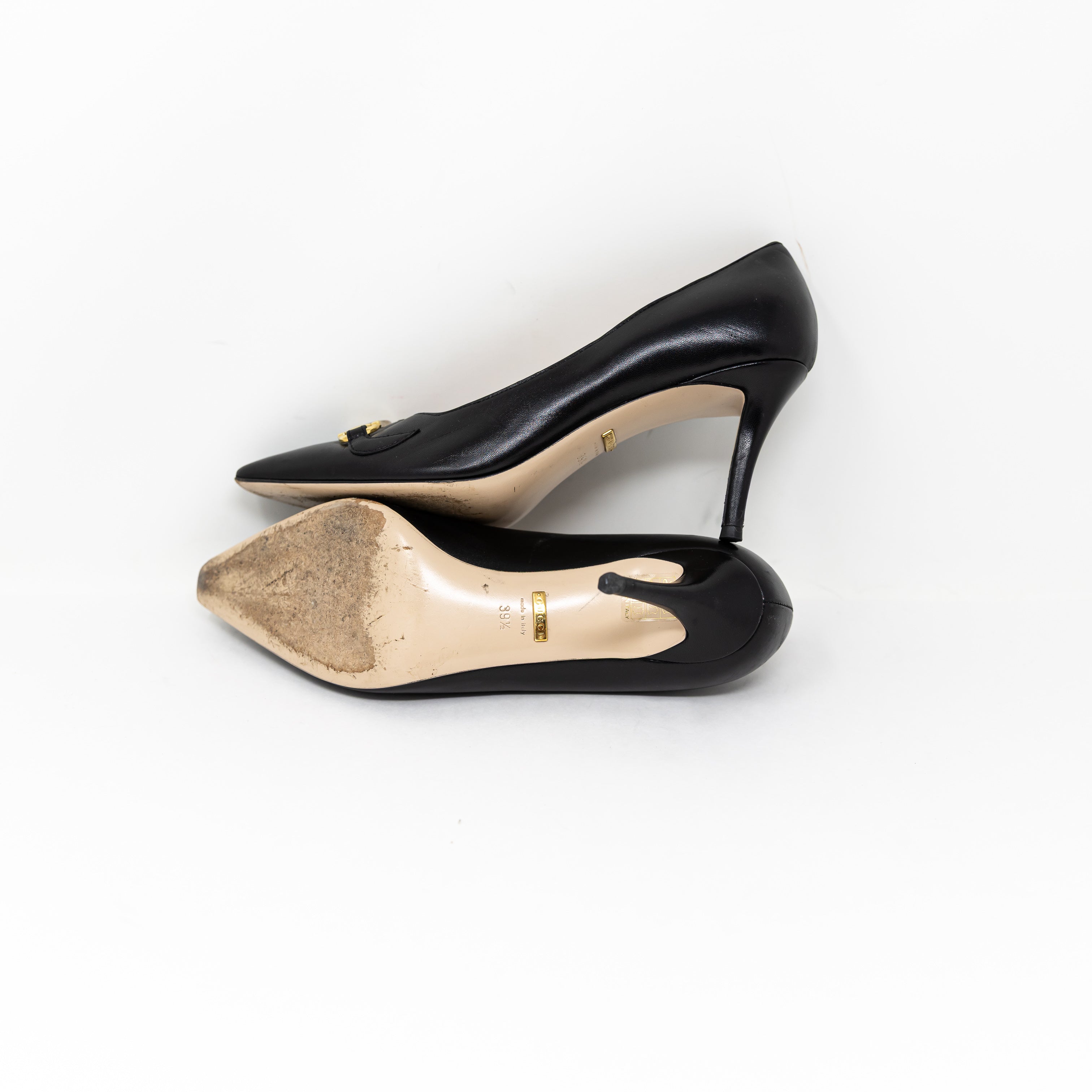 Gucci Made In Italy Genuine Leather Gold Silver Logo Hardware Pumps Heels Shoes