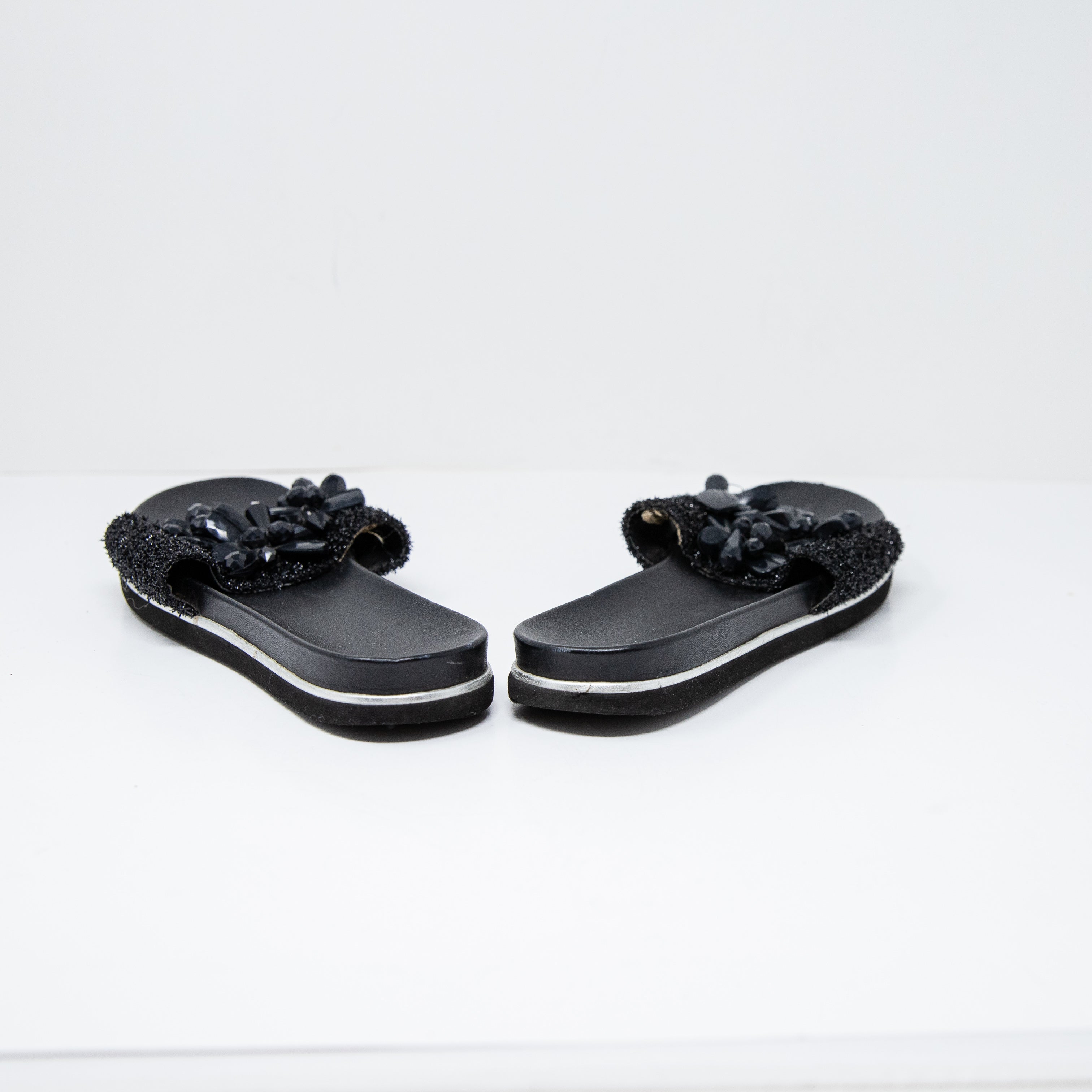 Zara Beaded Embellished Sparkle Open Toe Flat Slip On Slides Shoes Black 8