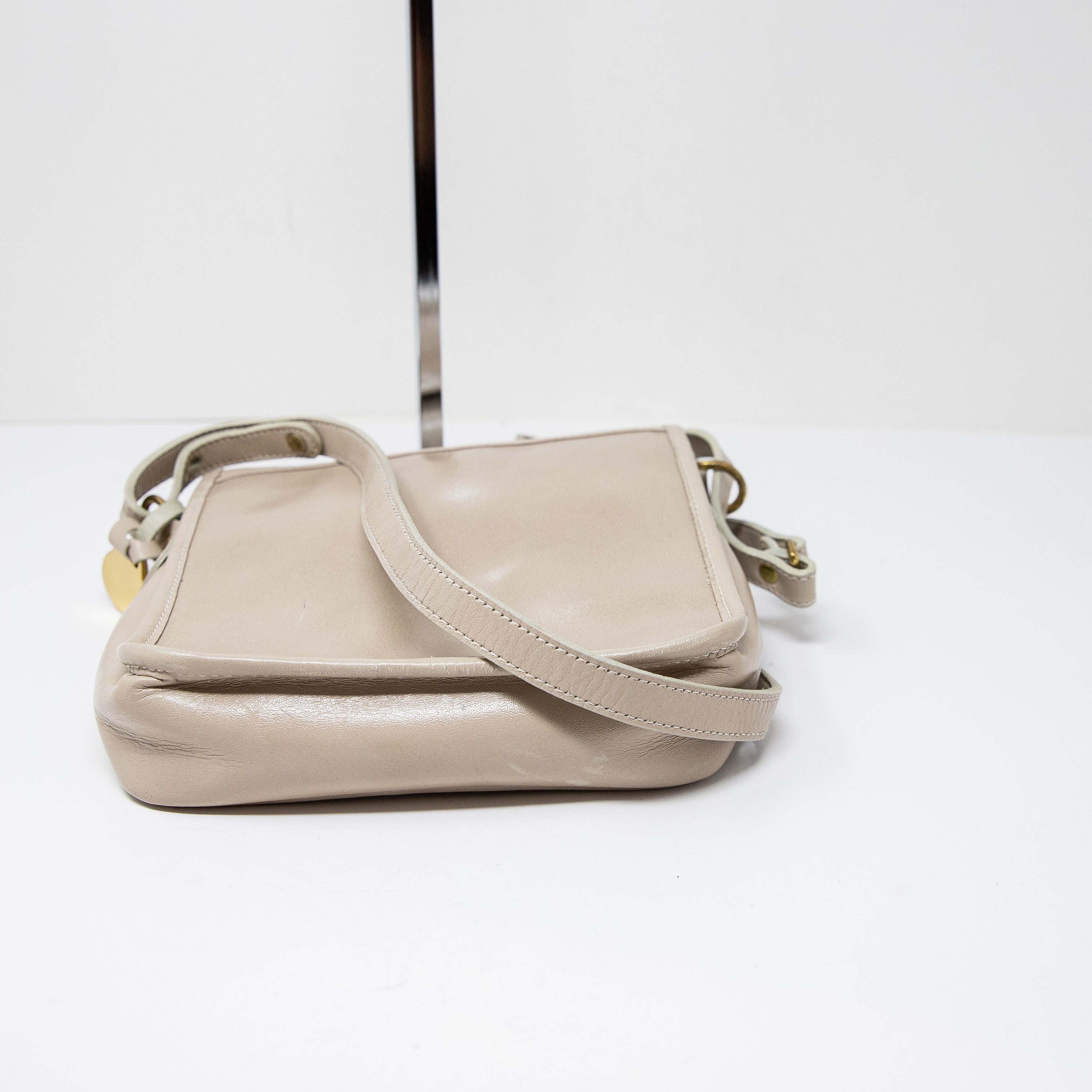 Brahmin Genuine Smooth Leather Suede Lining Crossbody Purse Bag Neutral Tan Gold