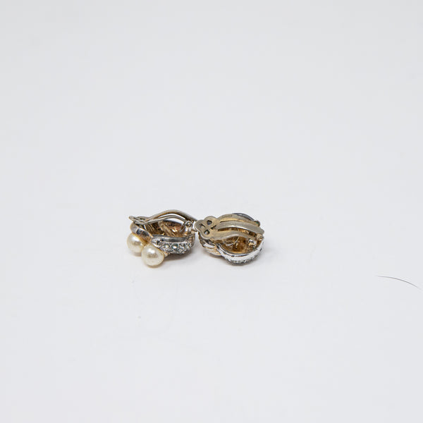 Jomaz Vintage 925 Sterling Silver Cubic Zirconia Double Pearl Clip On Earrings