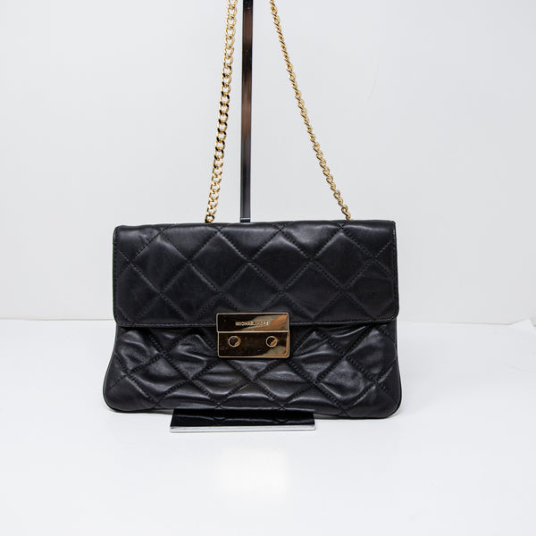 Michael Kors Soft Genuine Leather Quilted Foldover Gold Chain Link Shoulder Bag