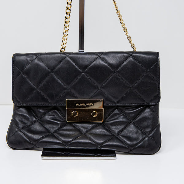 Michael Kors Soft Genuine Leather Quilted Foldover Gold Chain Link Shoulder Bag