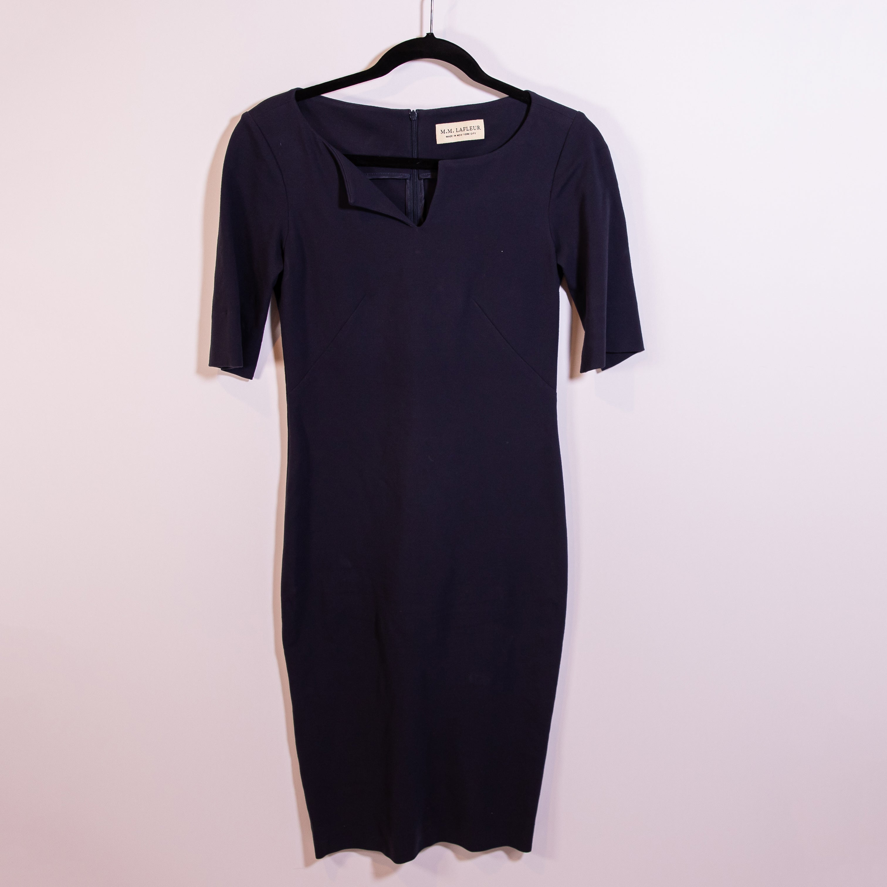 MM. Lafleur Ponte Stretch Notched V Neck Half Sleeve Sheath Midi Dress Blue 2