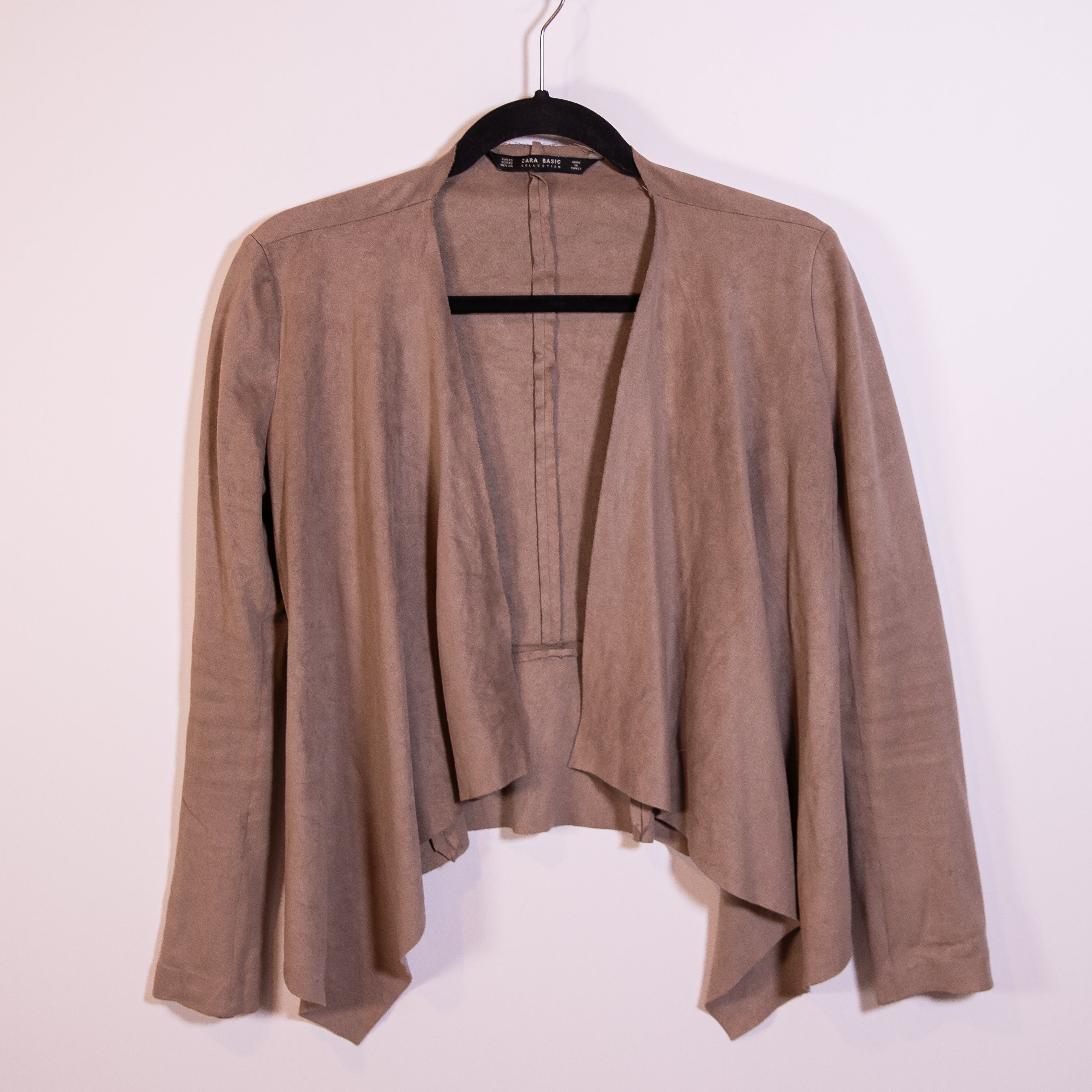 Zara Faux Vegan Suede Open Front Waterfall Asymmetrical Hemline Cardigan Sweater
