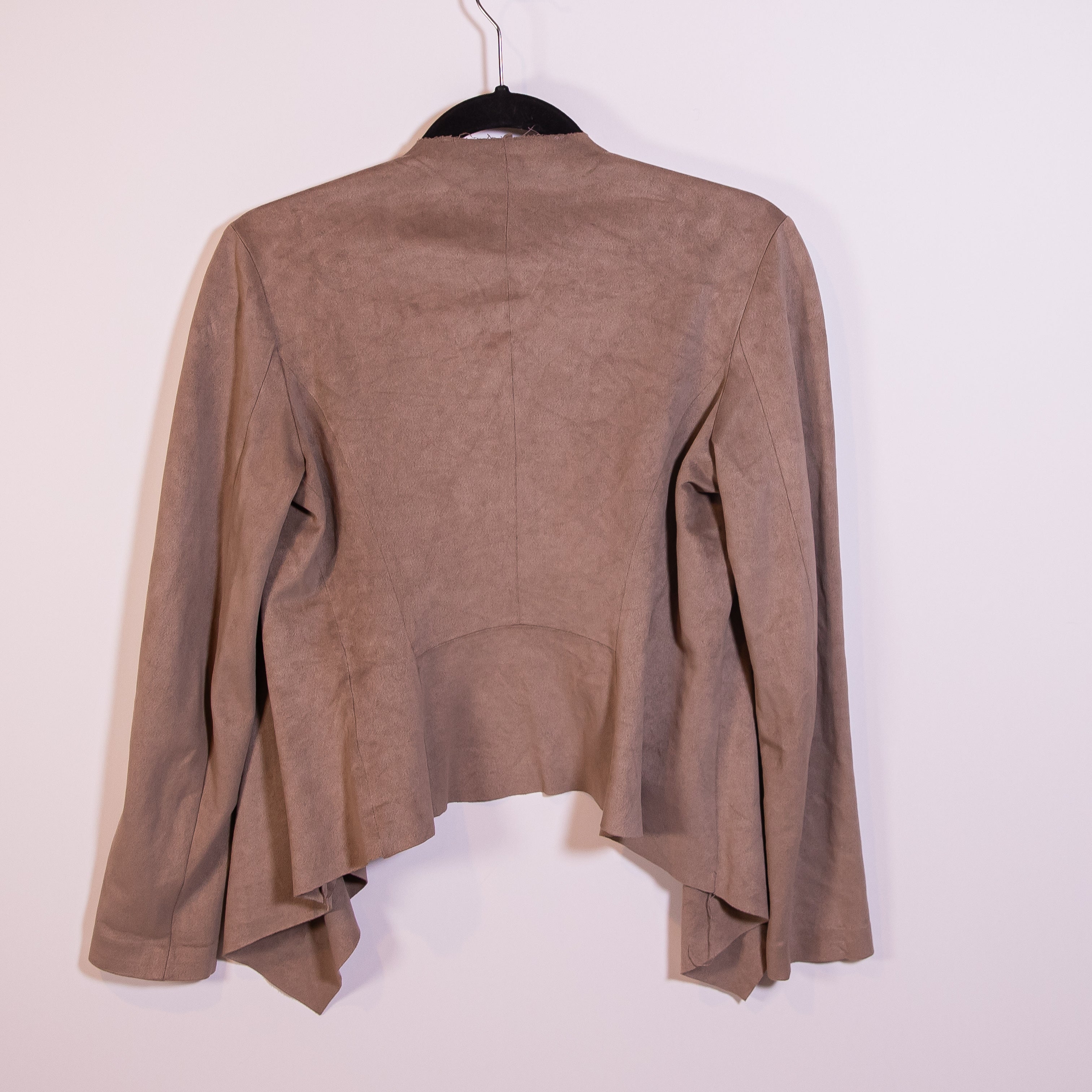Zara Faux Vegan Suede Open Front Waterfall Asymmetrical Hemline Cardigan Sweater
