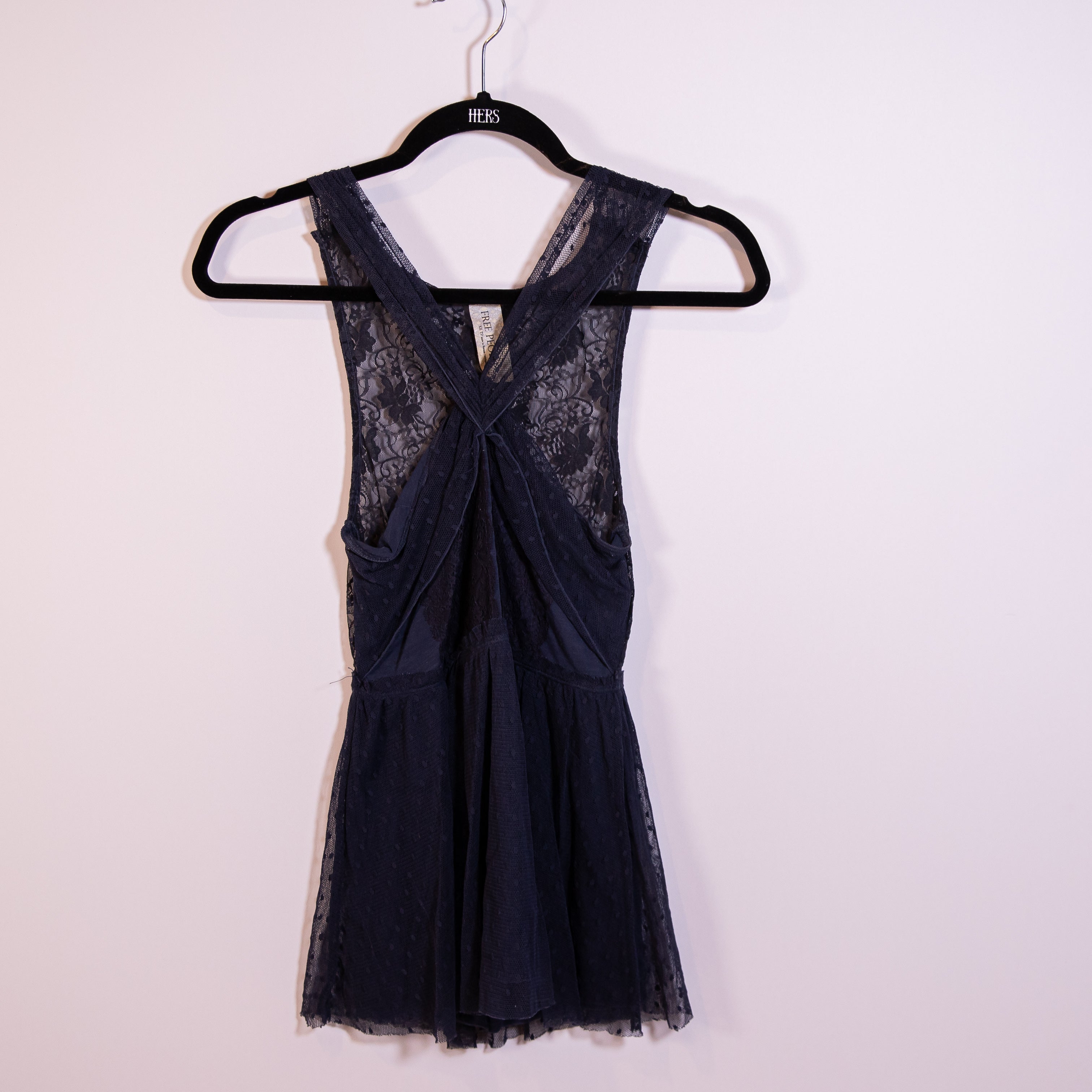 Free People Tulle Mesh Floral Flower Cross Front Tank Top Blouse Navy Blue XS