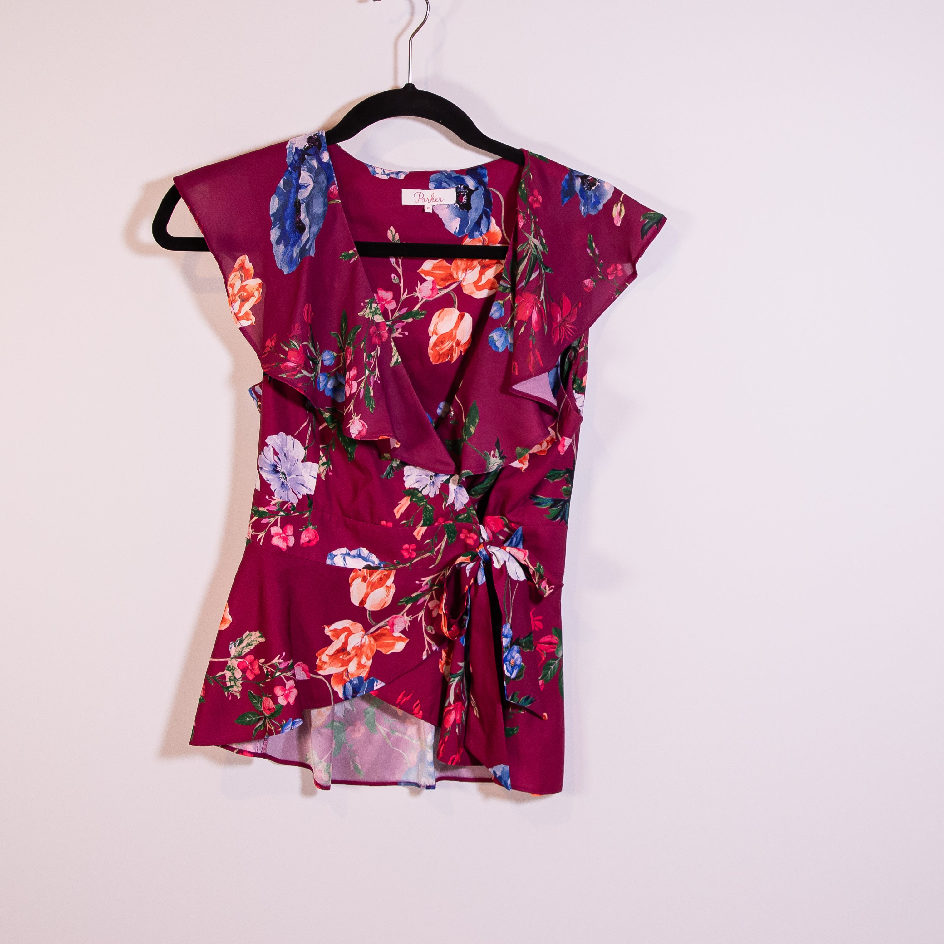 Parker Women's Flutter Short Sleeve Wrap Top With Tie At The Waist Satin Floral