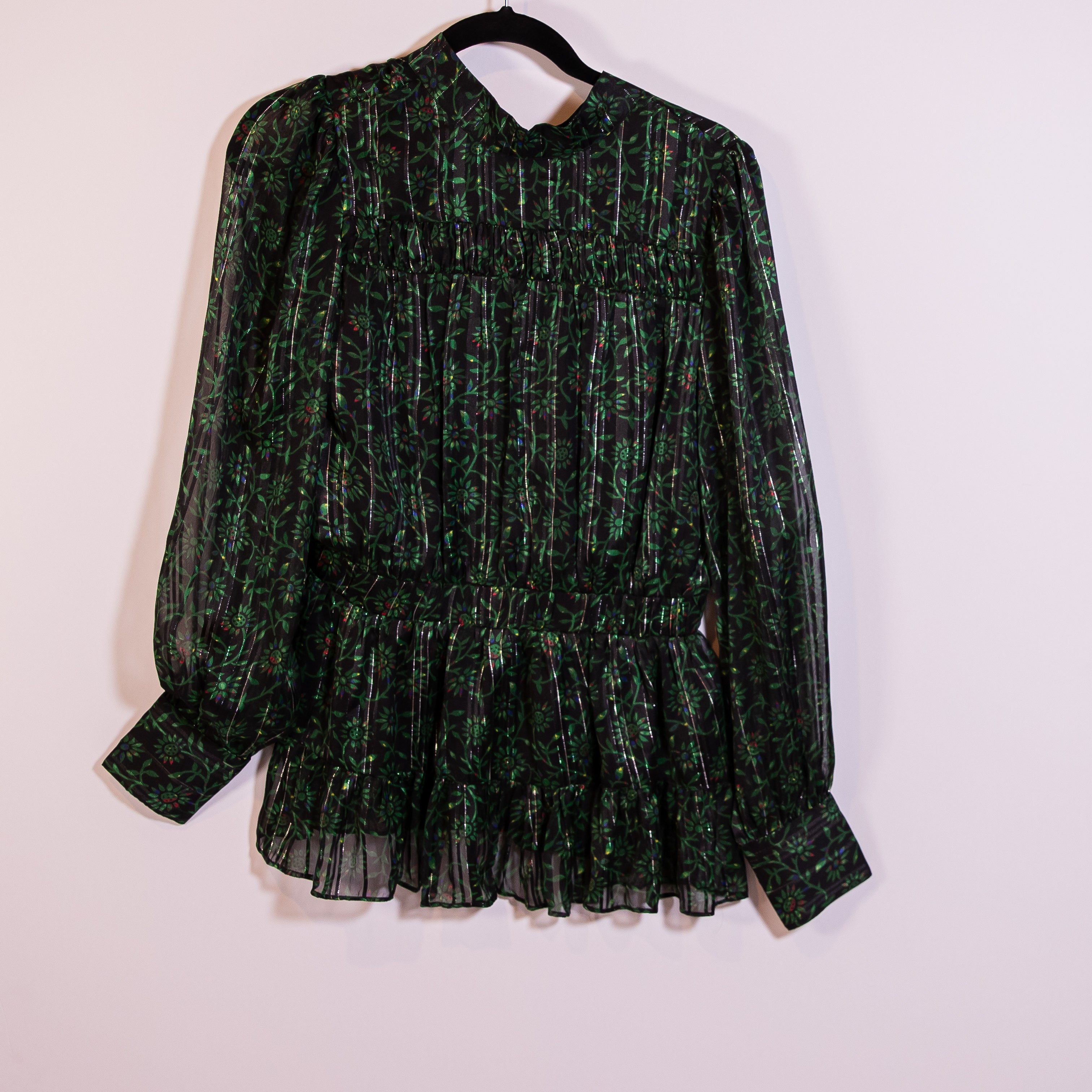 NEW Walter Baker Valeria Stripe Floral Print Long Sleeve Blouse Forest Tulip M