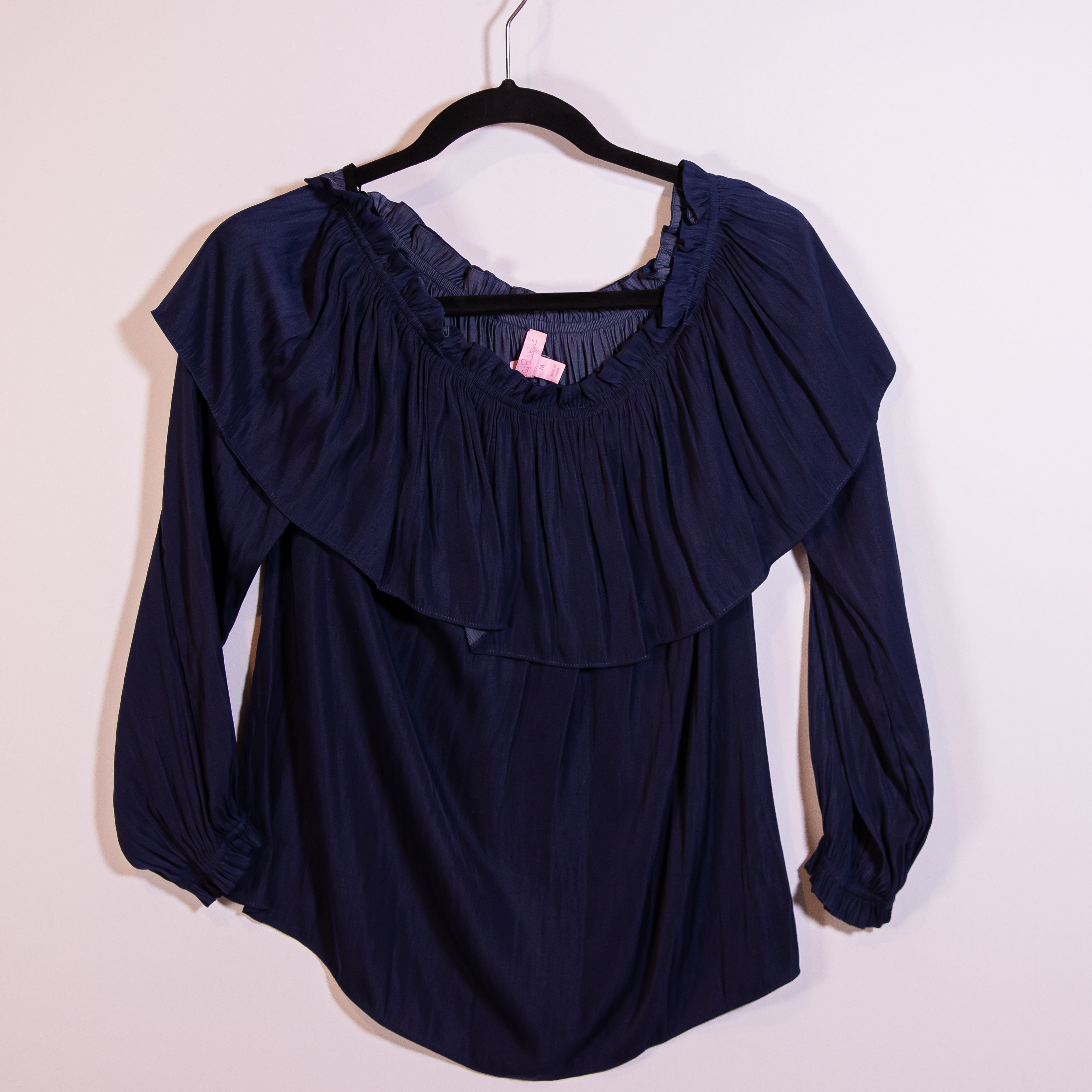 Lilly Pulitzer Dee Ruffle Off The Shoulder Long Sleeve Sateen Blouse Shirt Blue