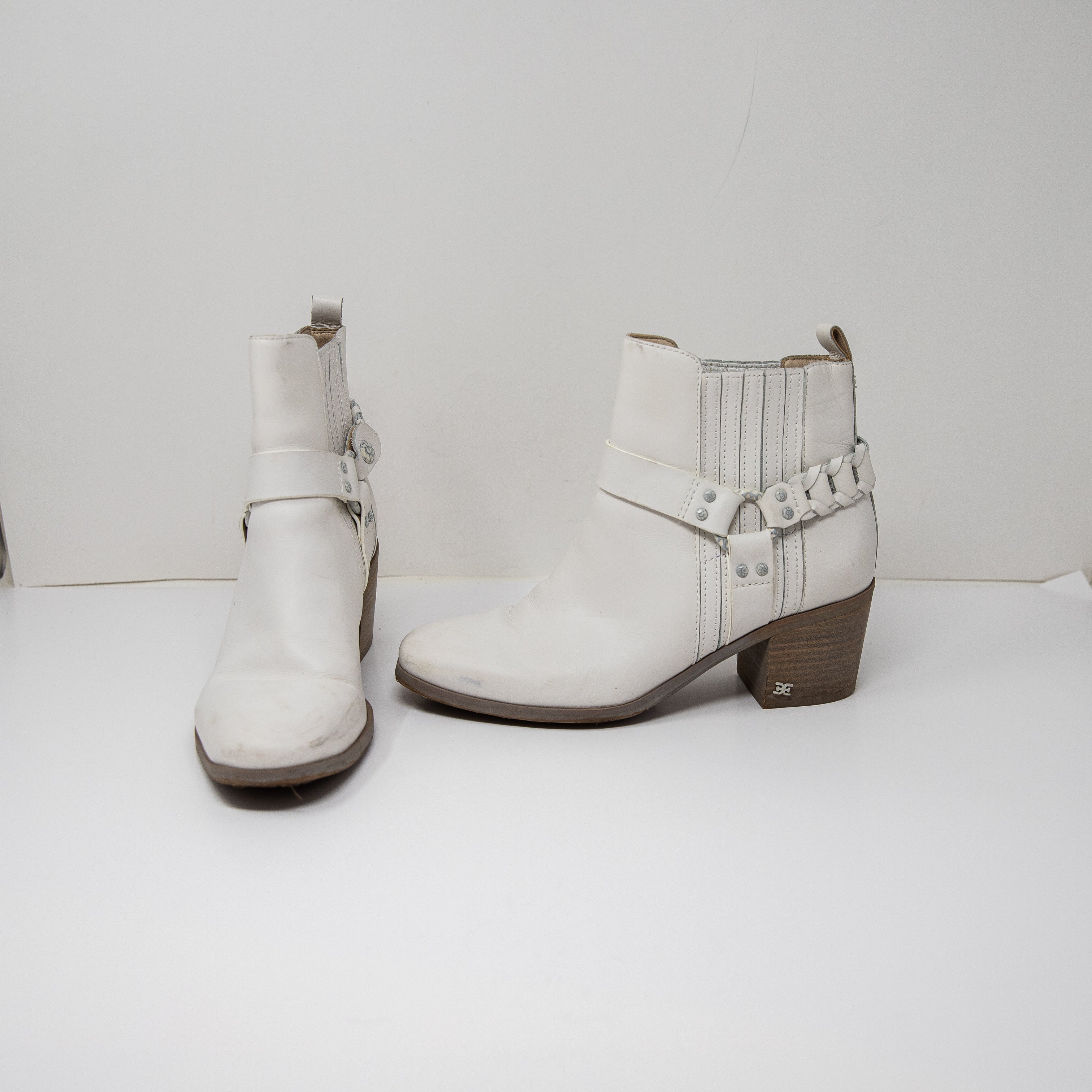 Sam Edelman Dalma Leather Western Braided Strap Pull On Stacked Heel Ankle Boots