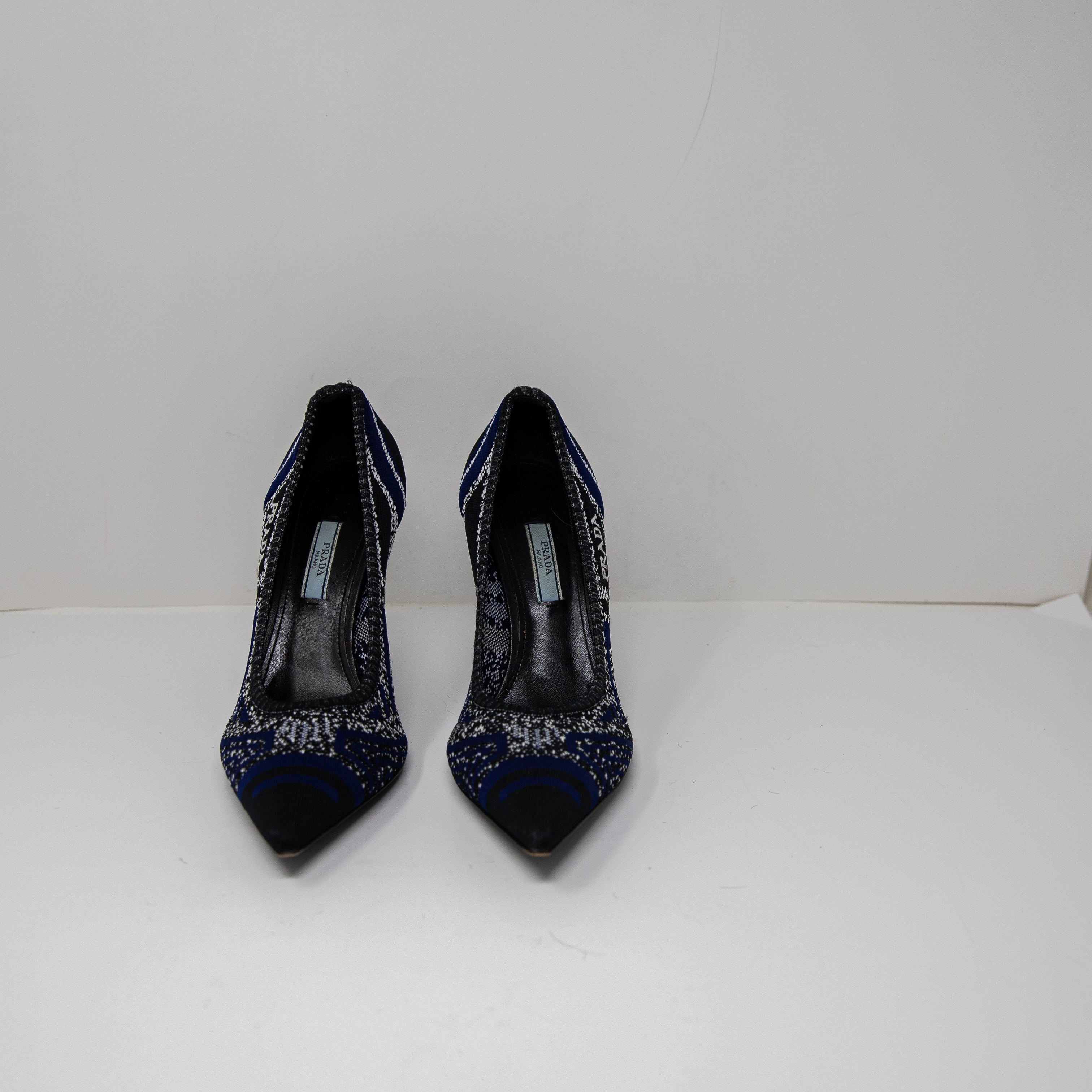 Prada Made In Italy Knit Stretch Logo Pointed Toe High Heels Pumps Shoes Blue 41