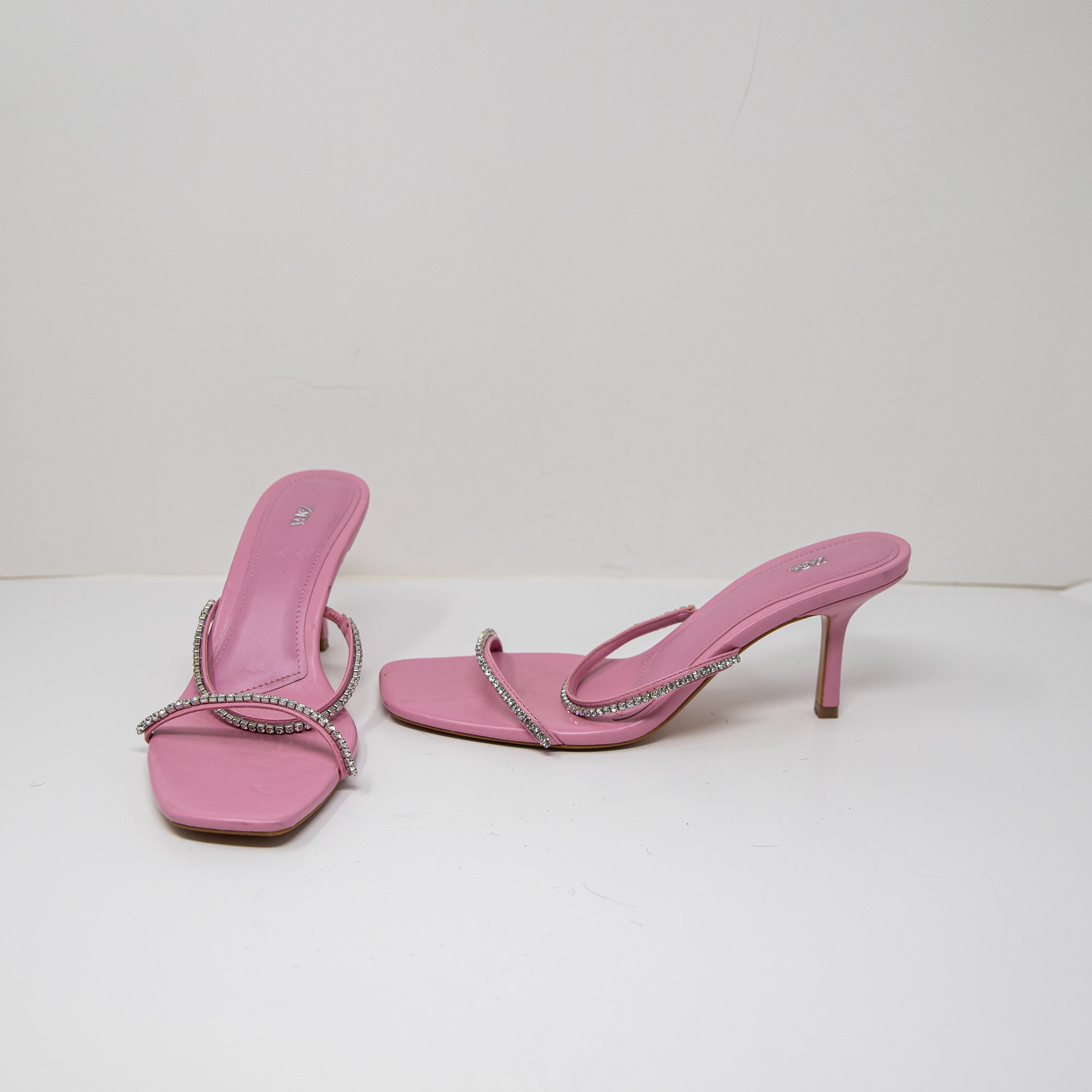 Zara Faux Vegan Leather Thin Strap Crystal Jewel Diamond Embellished Sandal Heel